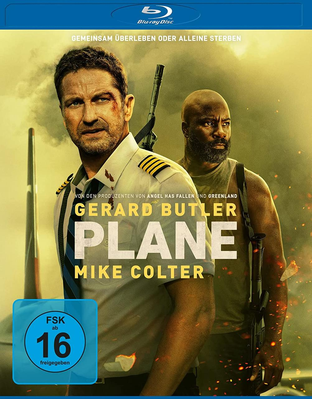 DVD-Cover für 'Plane'. Gerard Butler und Mike Colter. Flugzeug im Hintergrund.