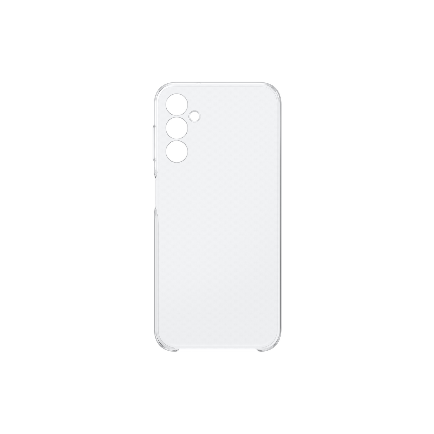 Une coque de téléphone transparente, un rectangle vierge avec des découpes pour l'appareil photo et les boutons.