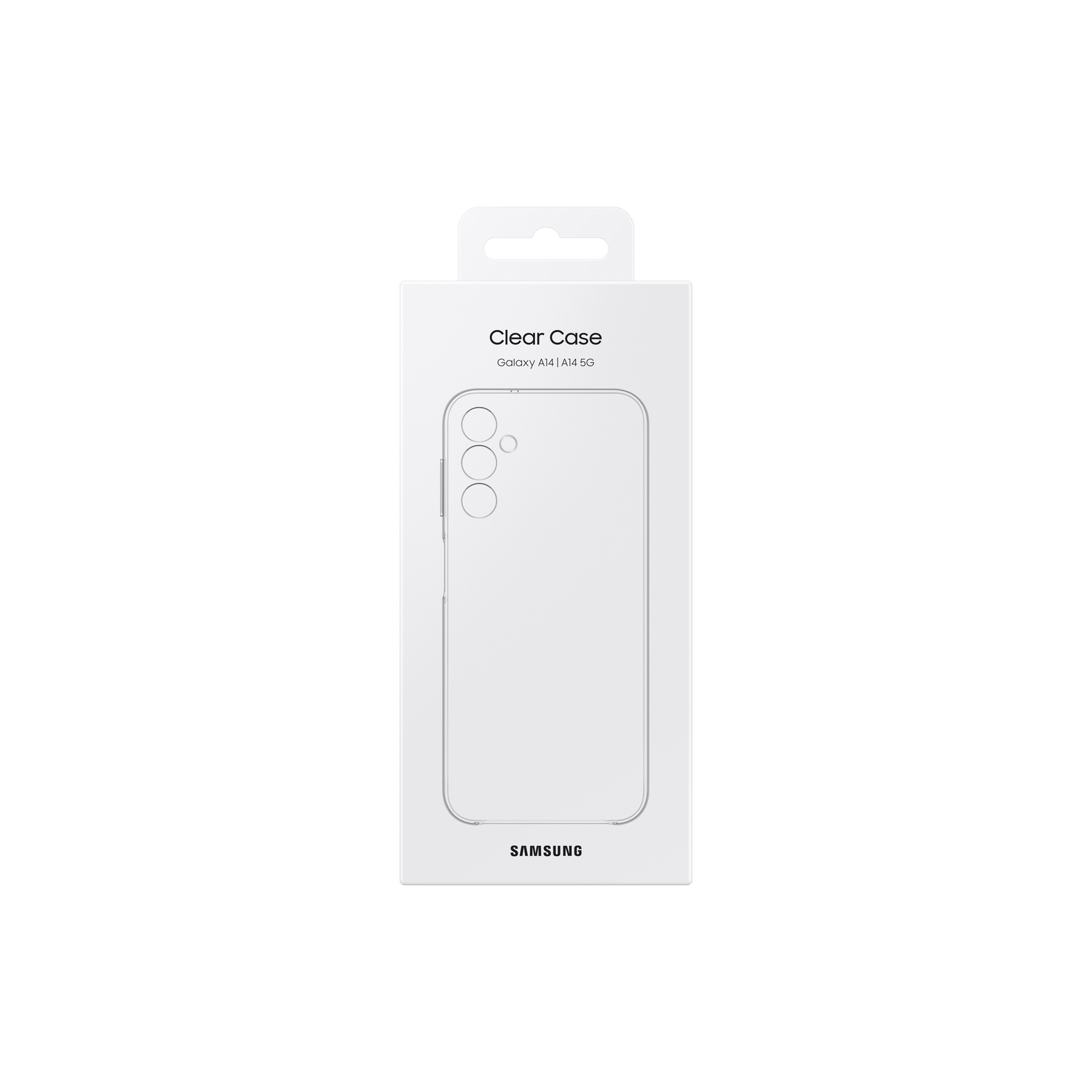 Boîte blanche pour une coque de téléphone transparente. Le contour de la coque est visible. Le logo Samsung est présent.