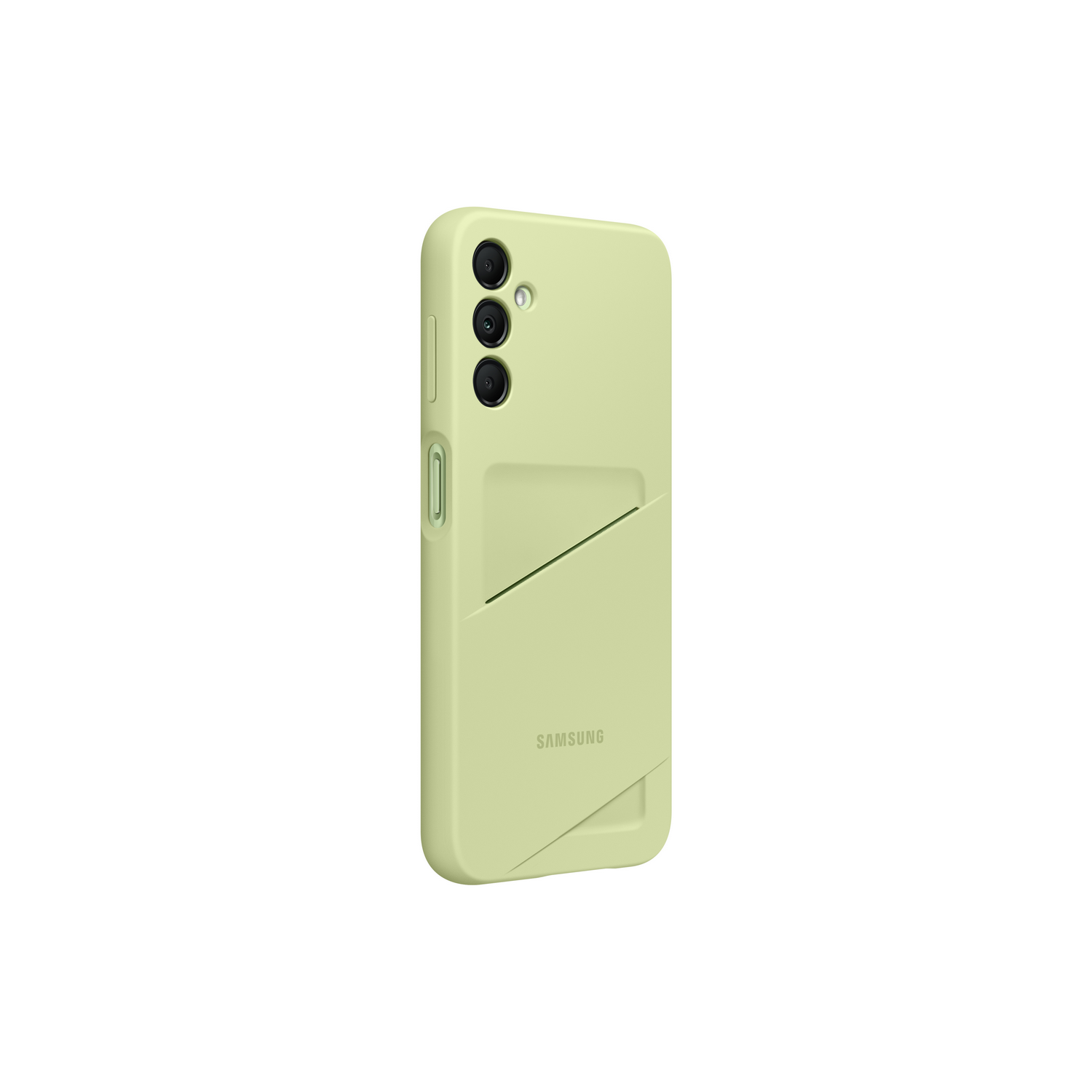 Une coque de téléphone vert clair avec trois trous pour appareil photo et une fente pour carte, sur fond blanc.