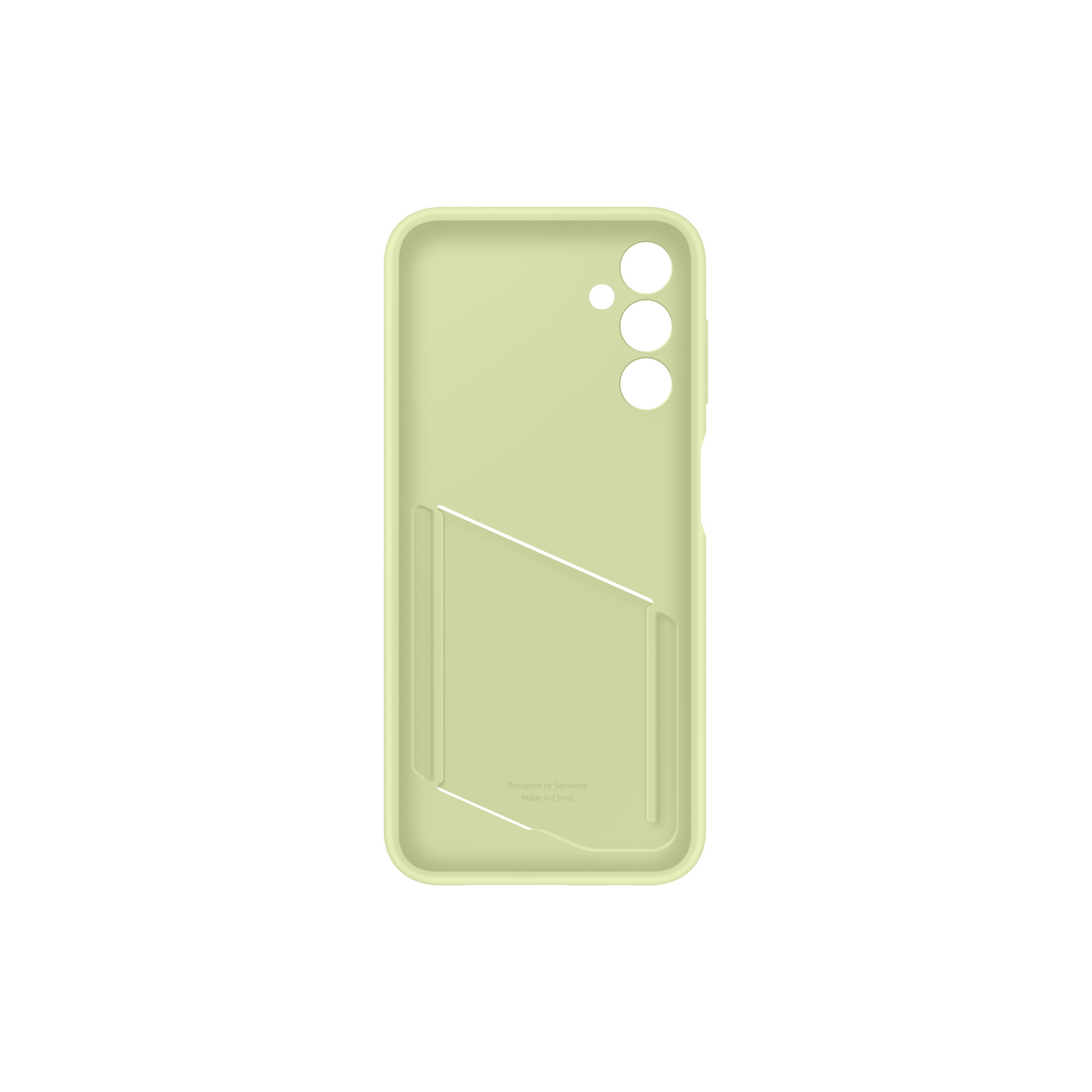 Coque de téléphone vert clair avec trois découpes pour appareil photo et un espace pour une carte. Conçu par Sandberg.
