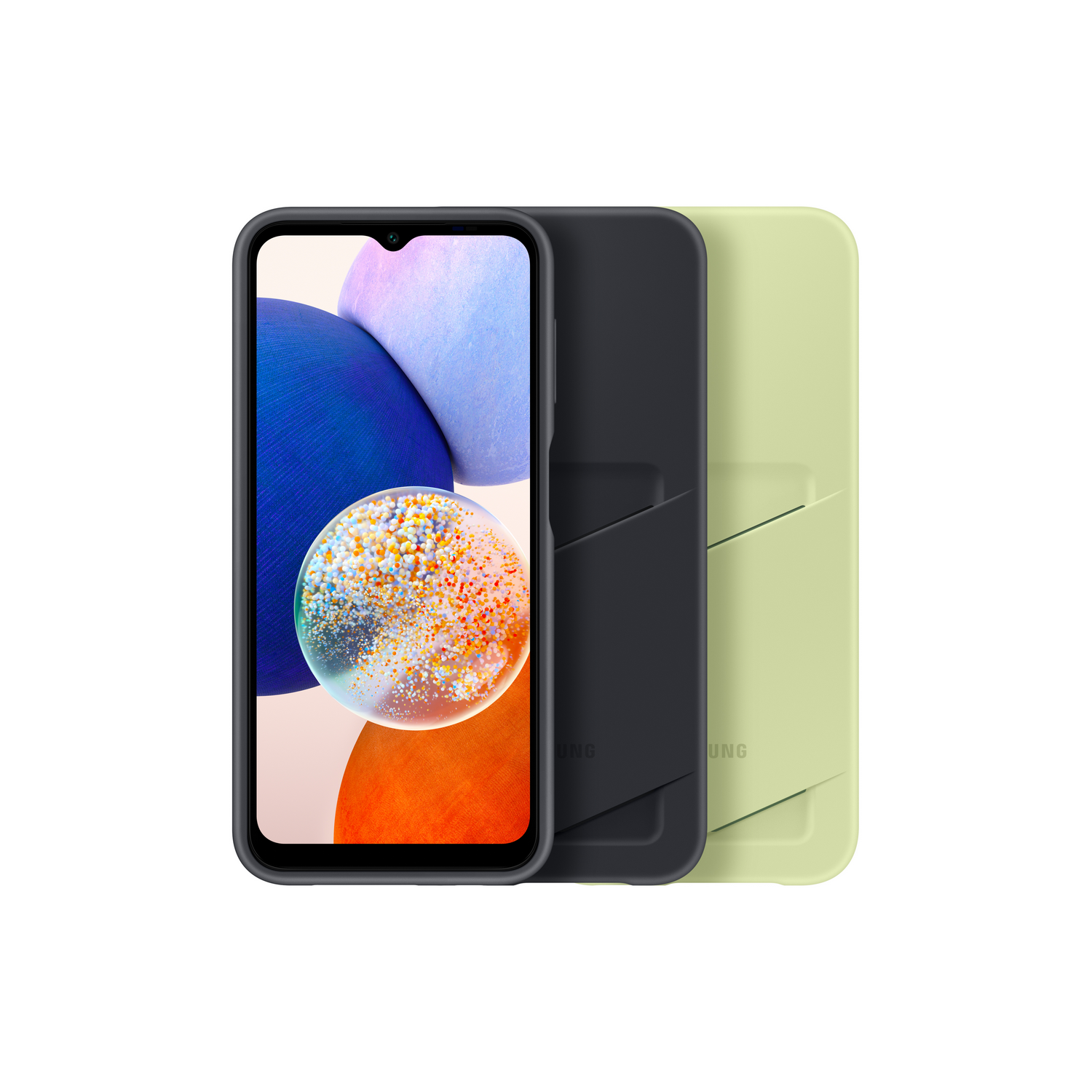 Téléphone avec écran affichant de l'art abstrait coloré, plus deux étuis gris foncé et vert.