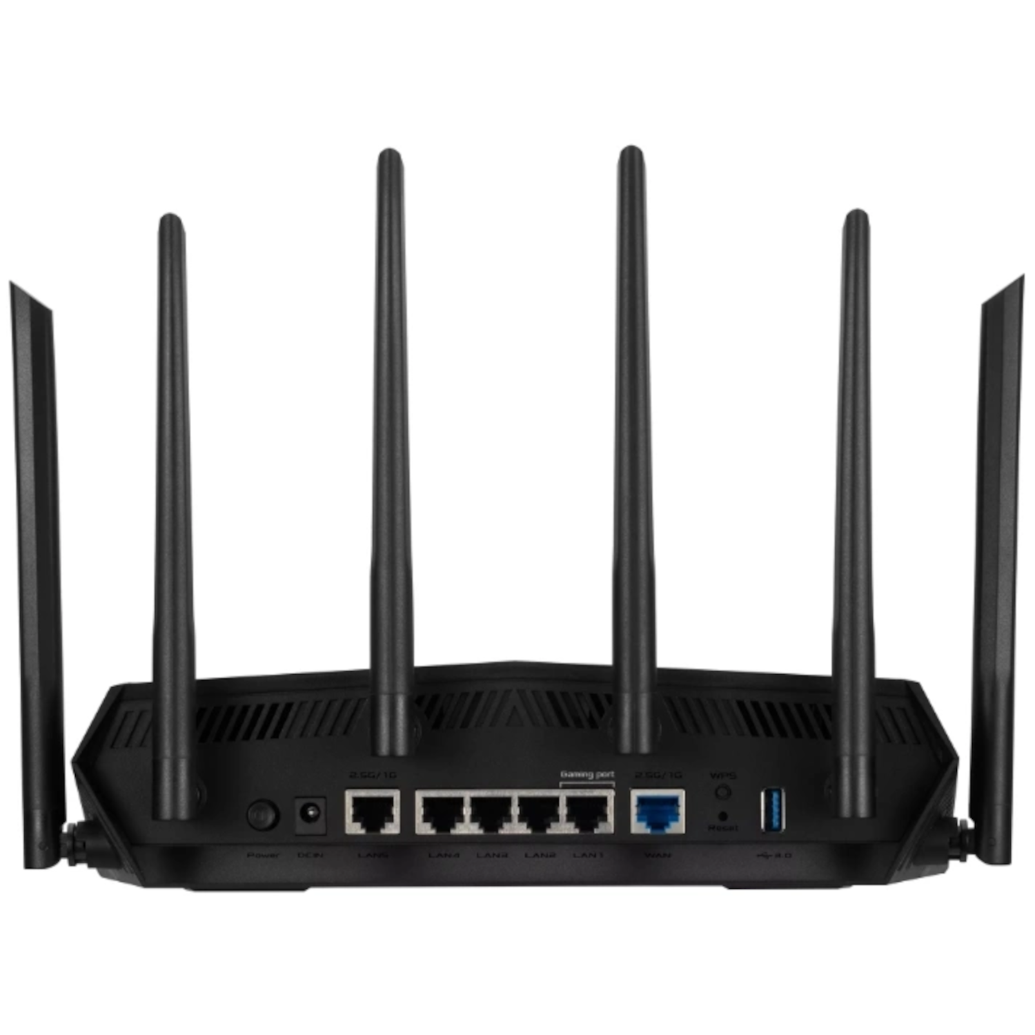 The back of a black router with multiple antennas. Shows ports and various connection options.