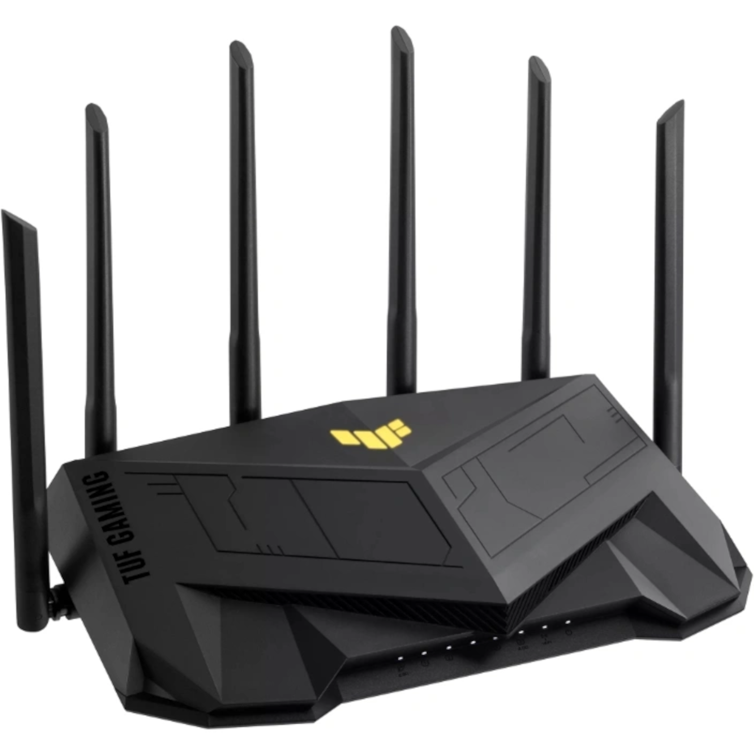 Black gaming router with antennas. The router has a TUF GAMING logo.