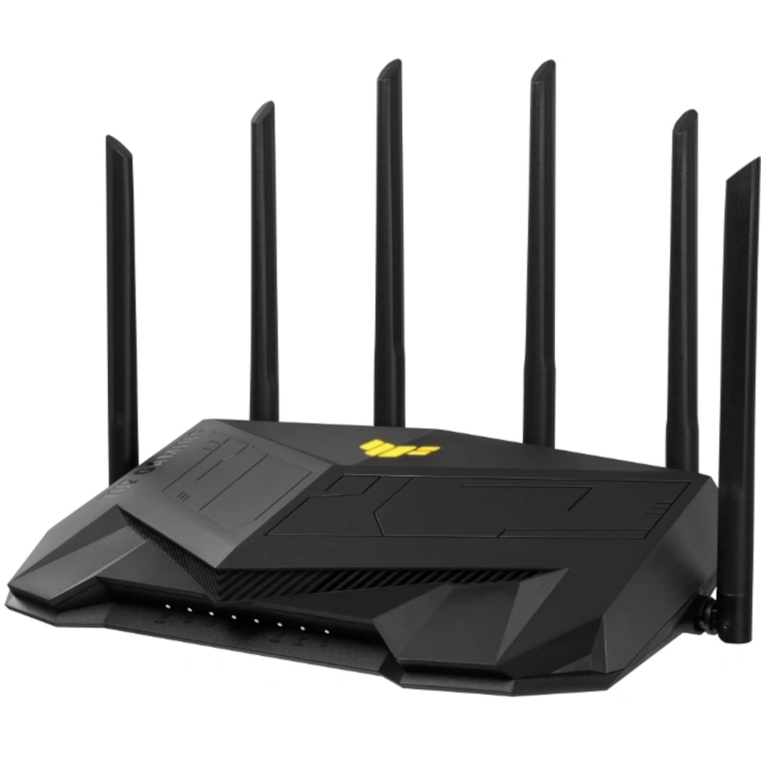 A black ASUS Wi-Fi router with multiple antennas. The router has a yellow logo on top.
