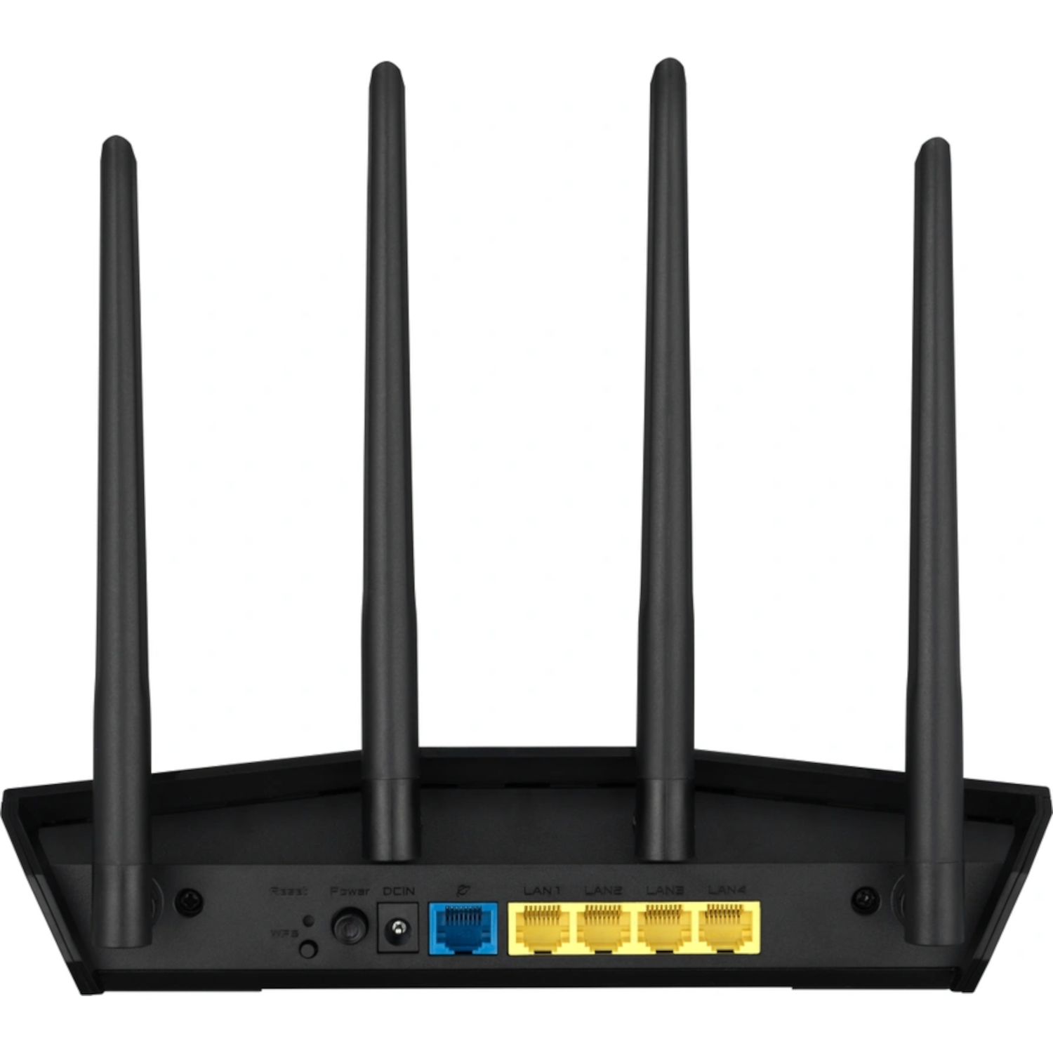 Black router with four antennas.  Ports in the back, power and reset buttons.