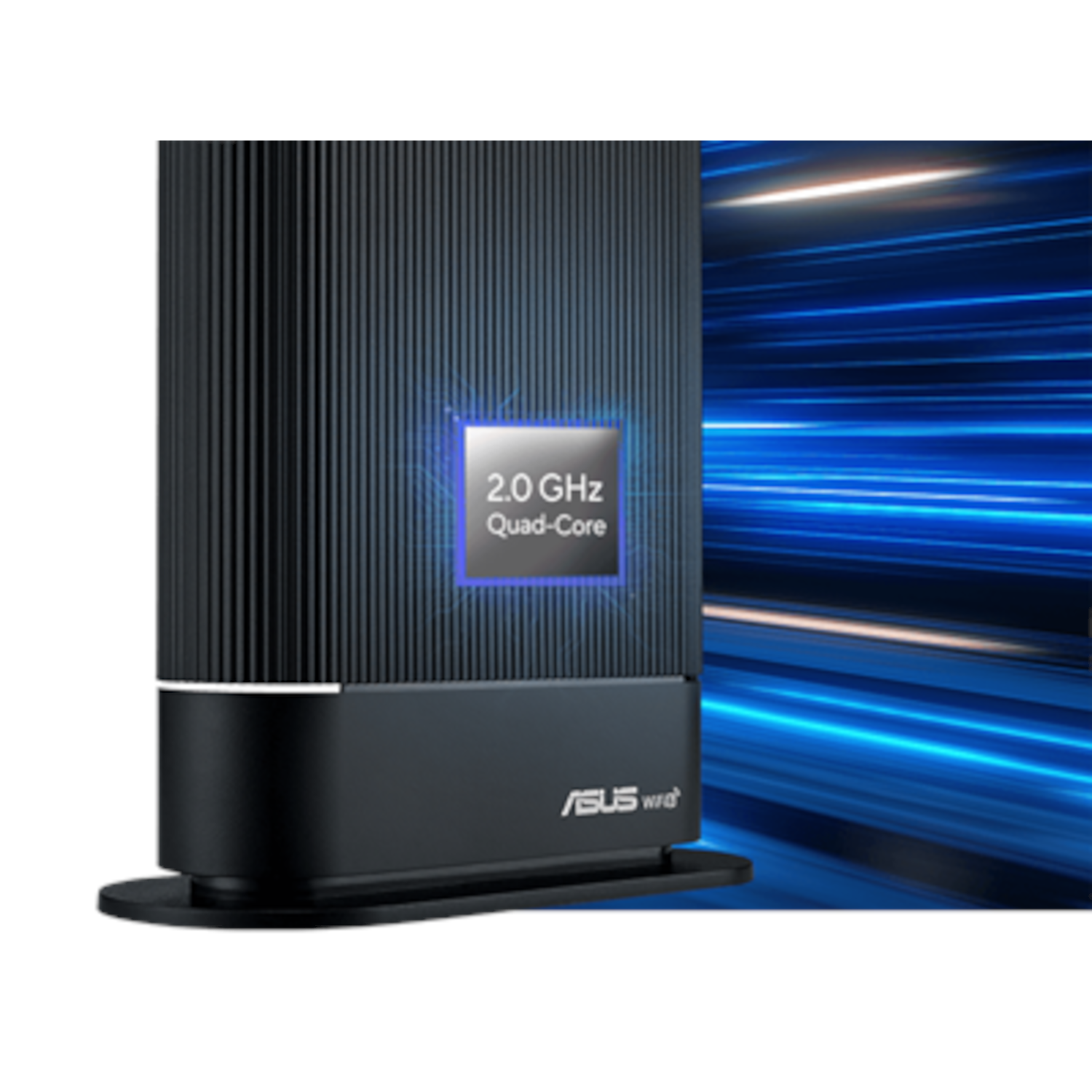 Zwarte Asus Wi-Fi-router. Blauw lichteffect op de achtergrond. Tekst: 2,0 GHz Quad-Core.