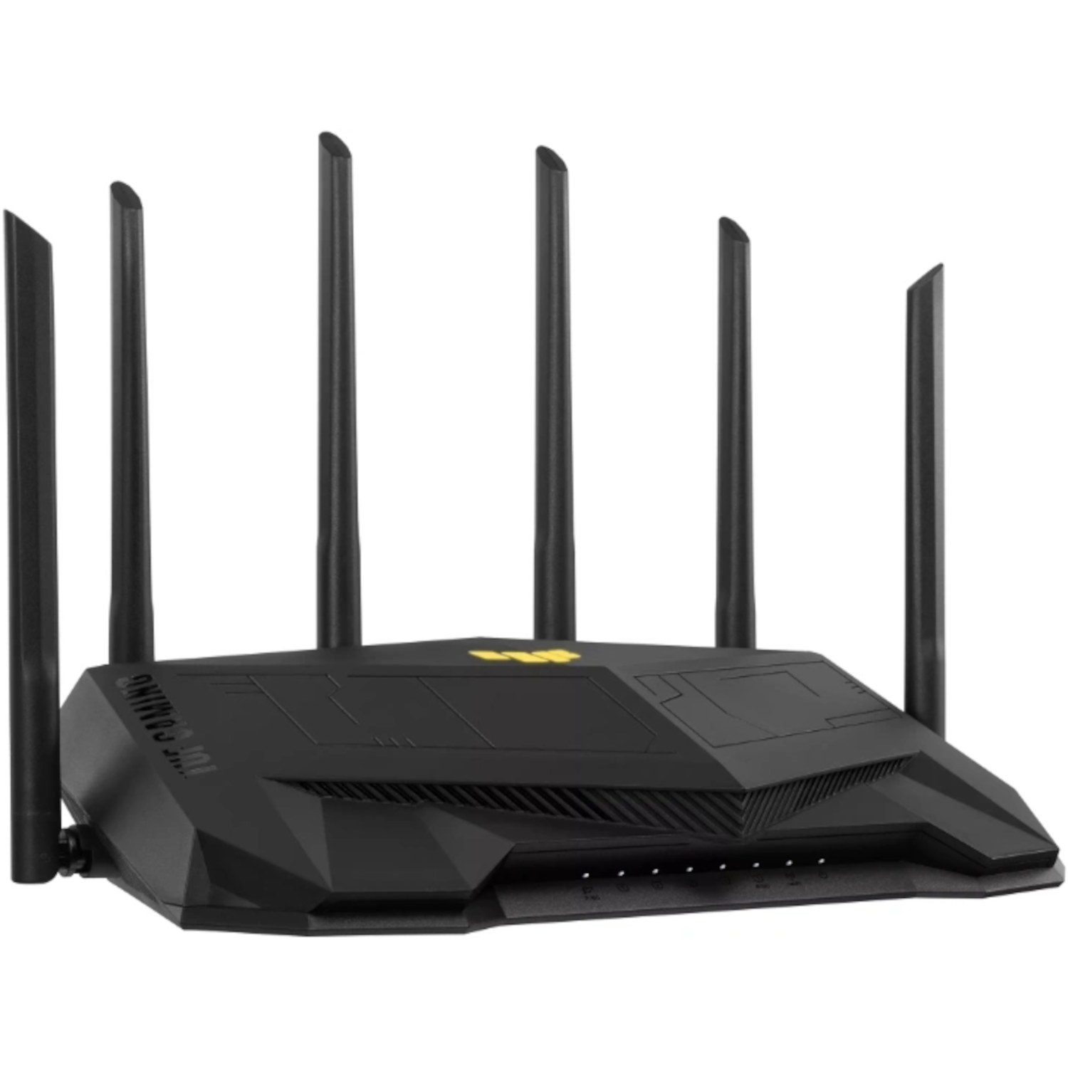 Black router with six antennas, labeled 'TUF GAMING' in yellow.