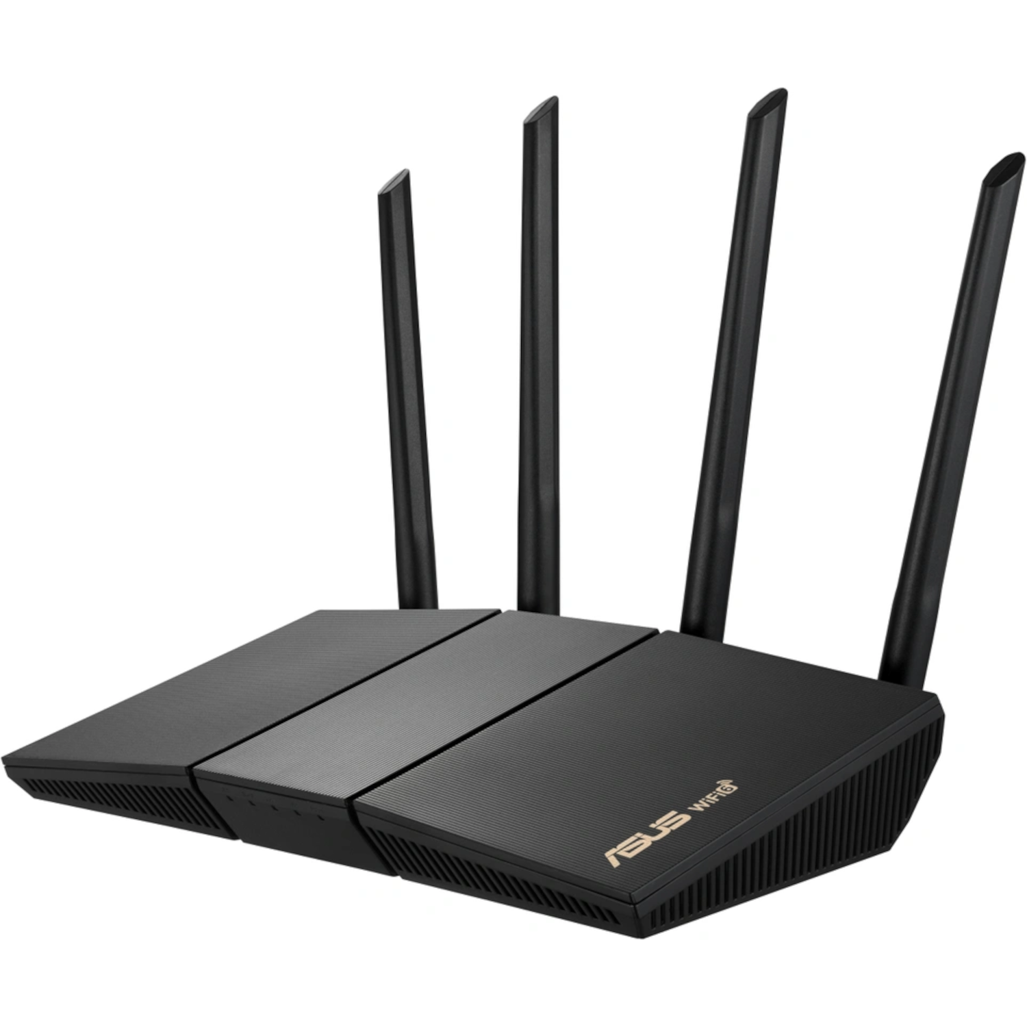 A black ASUS WiFi router with four antennas, on a white background.