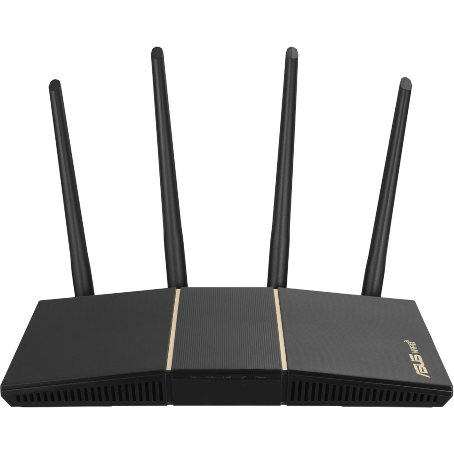 Black router with four antennas. It is on a white surface, and has the ASUS logo.
