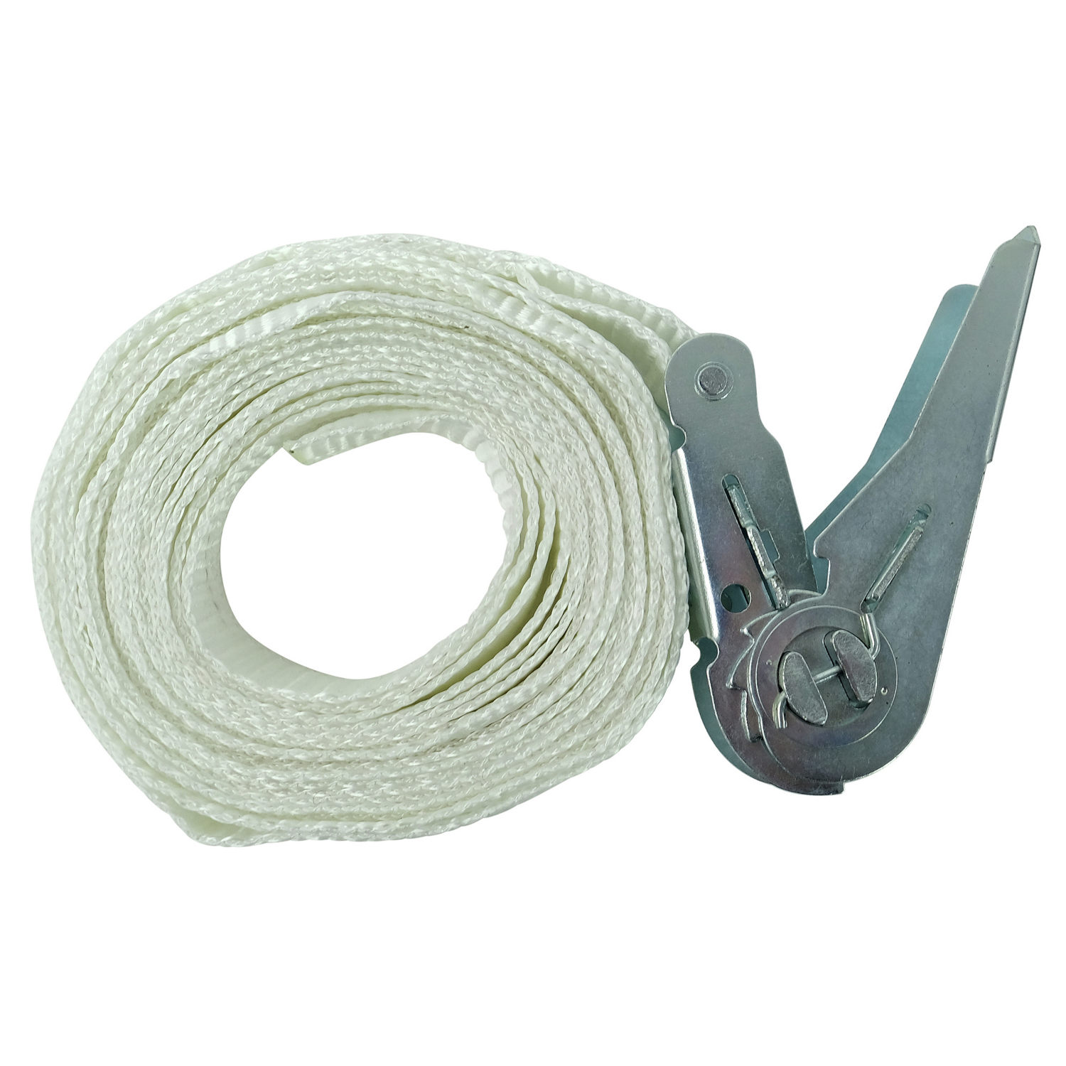 A rolled-up white strap with a metal buckle, isolated on white.