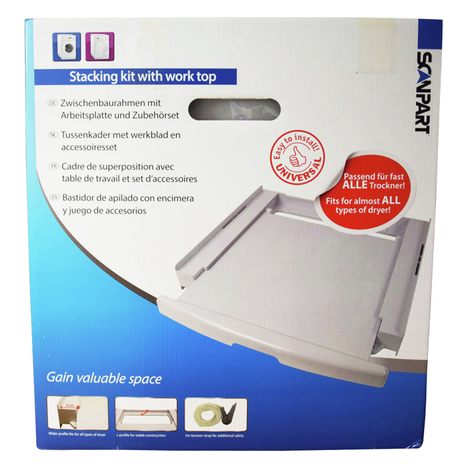 Box for a stacking kit with a sliding tray, text in multiple languages.