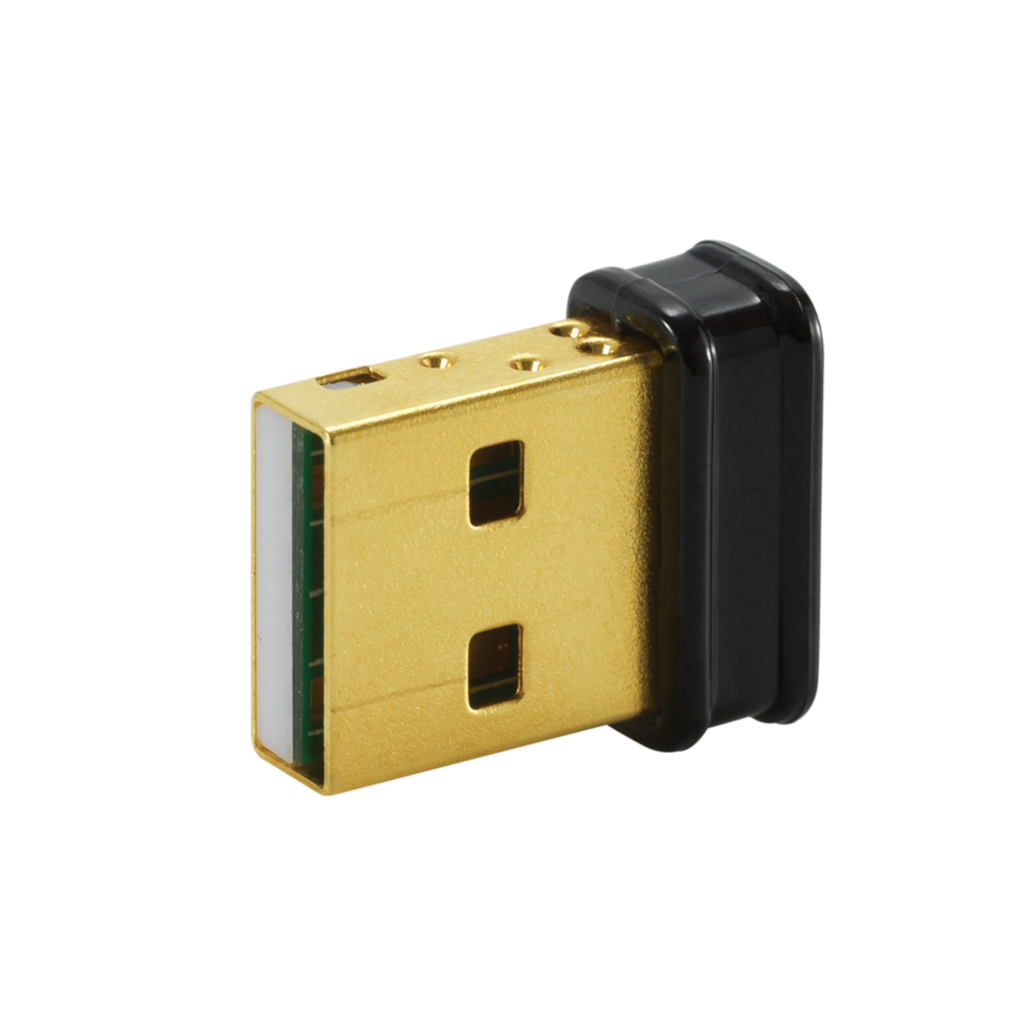 Adaptateur USB doré avec capuchon noir, isolé sur fond blanc.