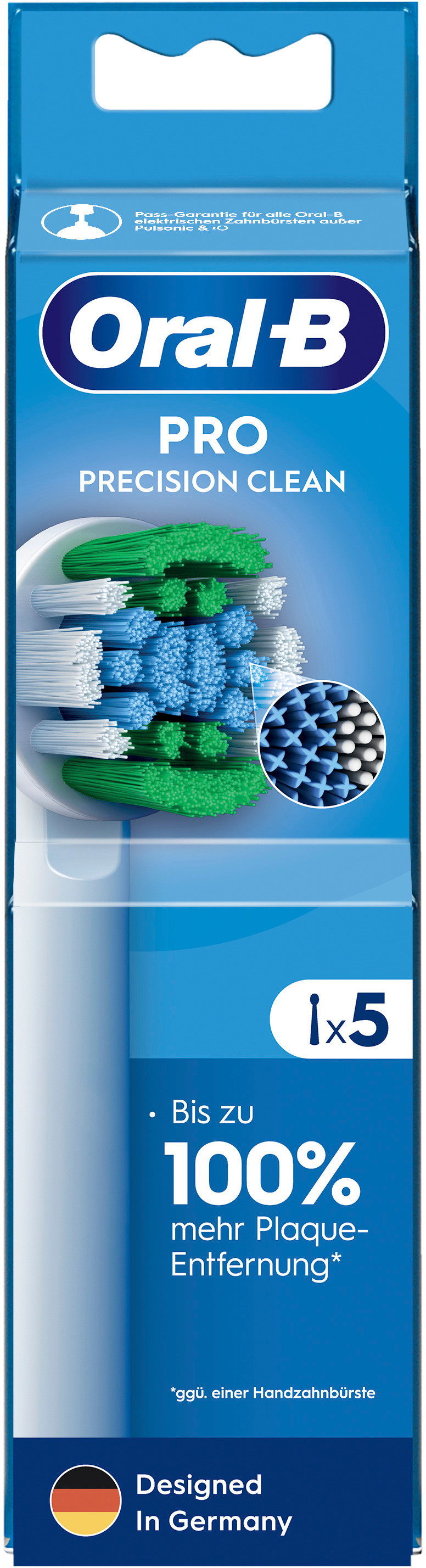 Oral-B Pro Precision Clean Zahnbürstenköpfe. Blaue und grüne Borsten. Verpackung mit Text.