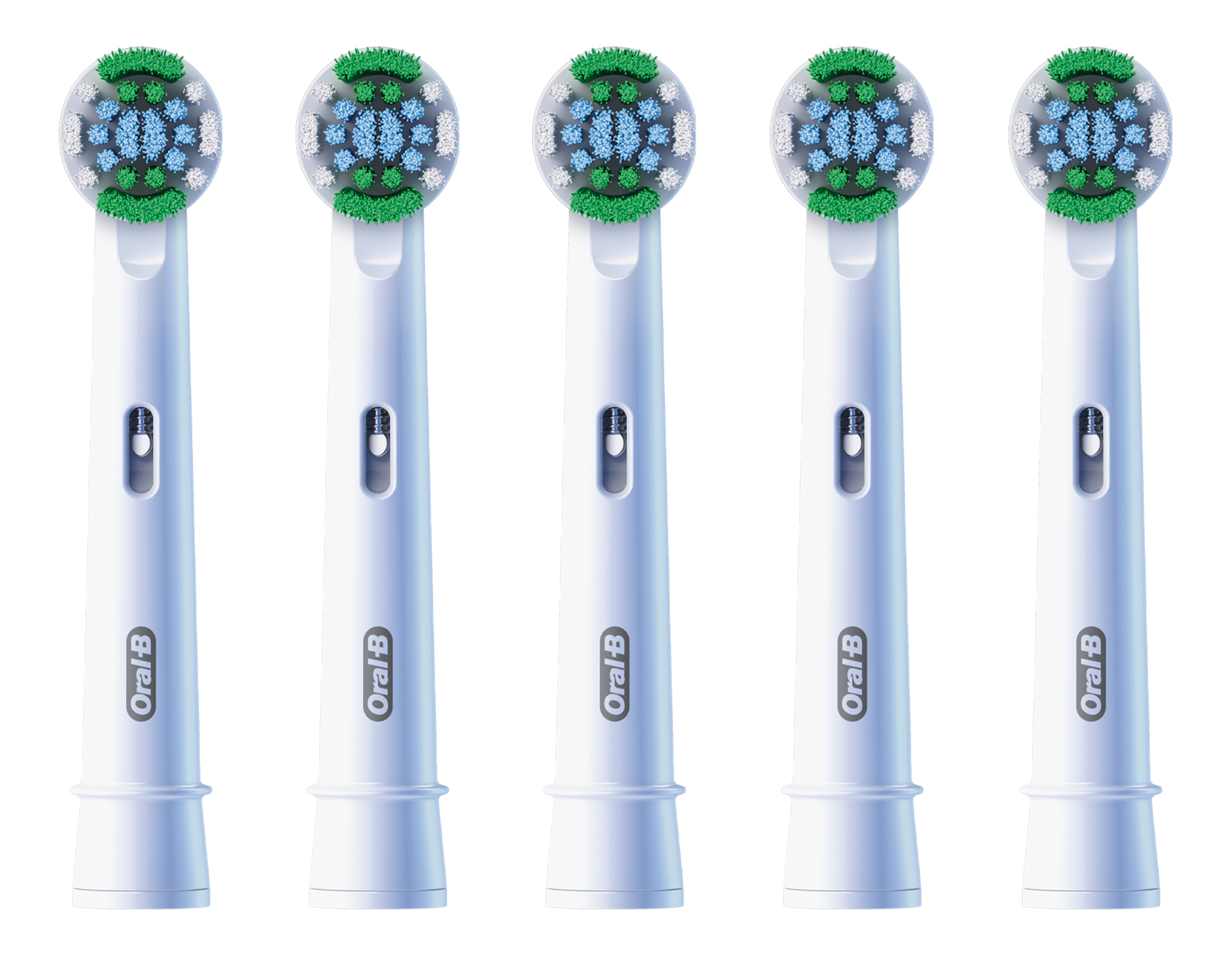 Fünf weiße Zahnbürstenköpfe mit grünen und blauen Borsten. Markenname: Oral-B.