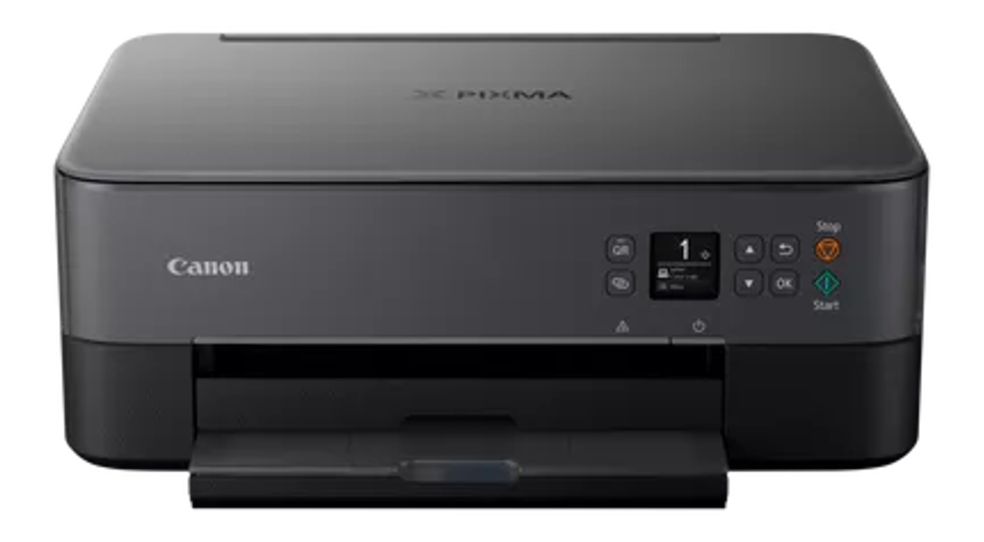 Canon PIXMA Drucker. Schwarzes Gerät mit Bedienfeld und Papierfach. Canon-Logo auf der linken Seite.