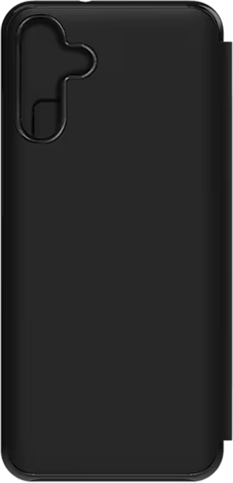 Un étui de téléphone noir fermé avec une découpe pour l'appareil photo sur fond blanc.