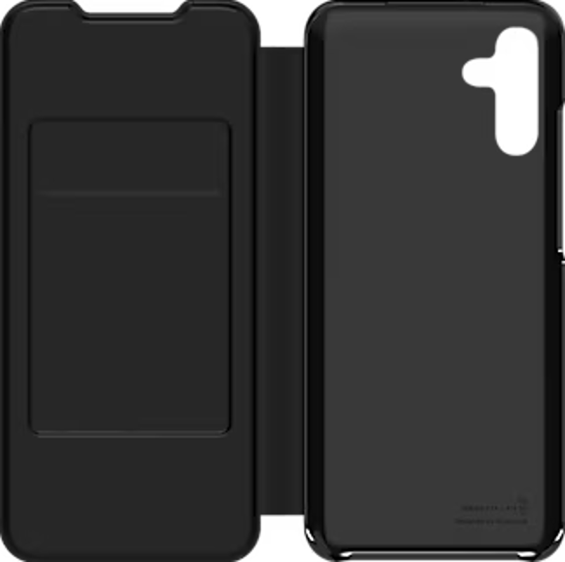 Étui de téléphone noir, ouvert, montrant l'écran et une fente pour carte.