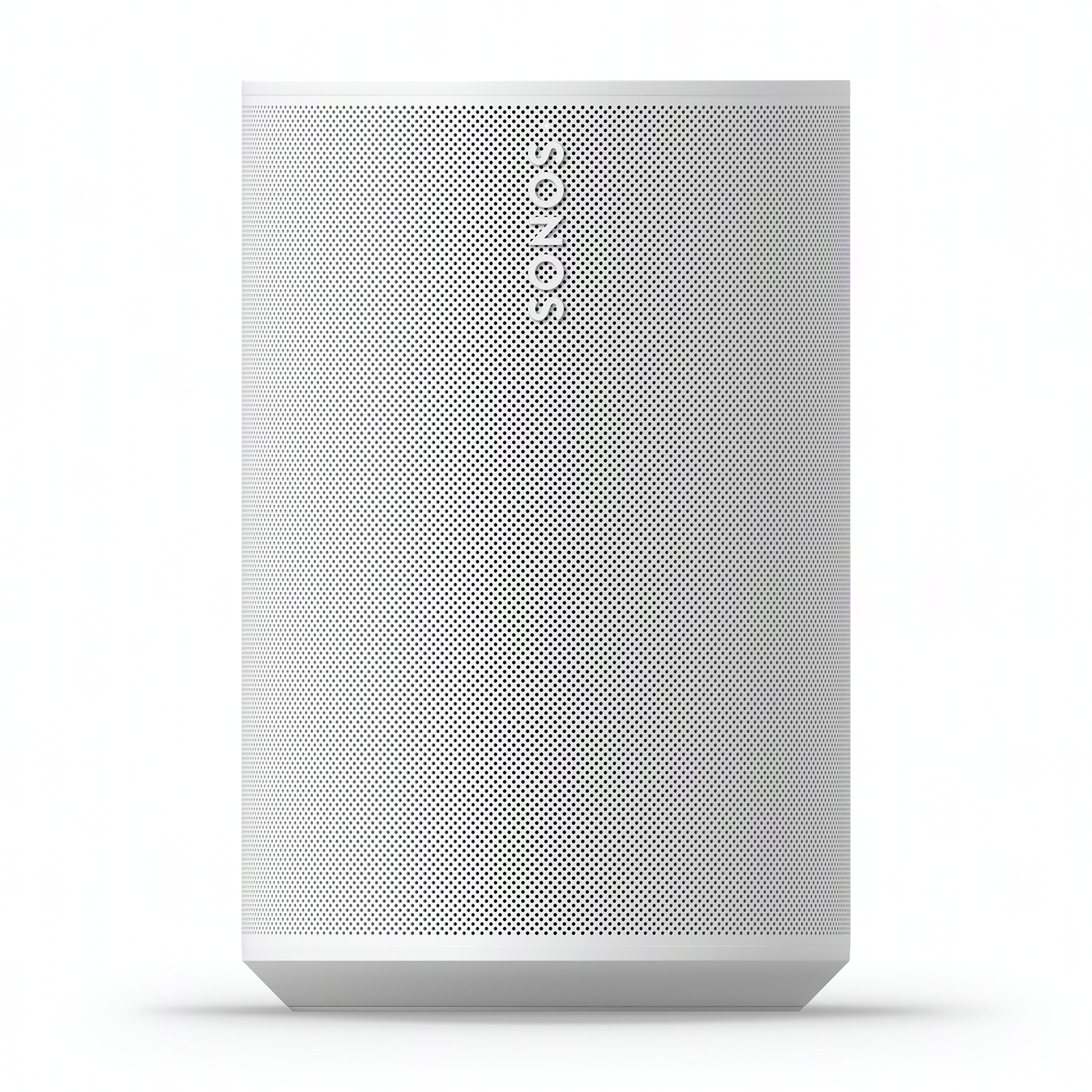 Altoparlante Sonos bianco con parte anteriore perforata. Il logo Sonos è in alto ed è su una superficie bianca.