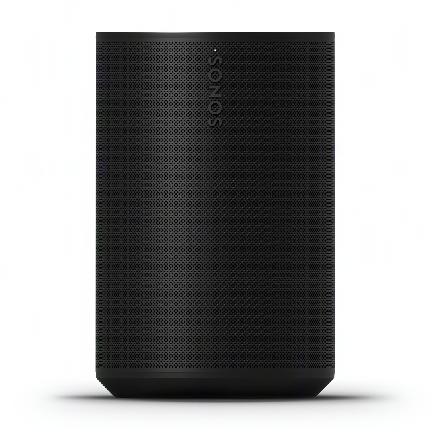 Un altoparlante Sonos nero, cilindrico con una griglia di fori, su sfondo bianco.