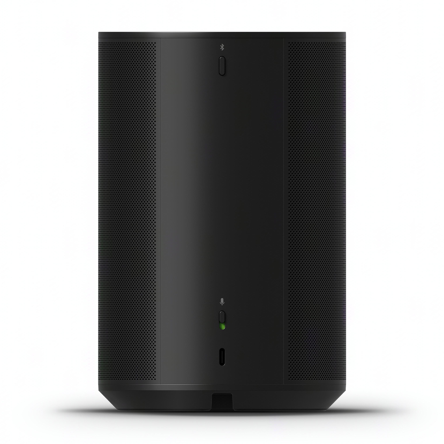 Altoparlante cilindrico nero con lati perforati, un simbolo Bluetooth e una luce verde in basso.