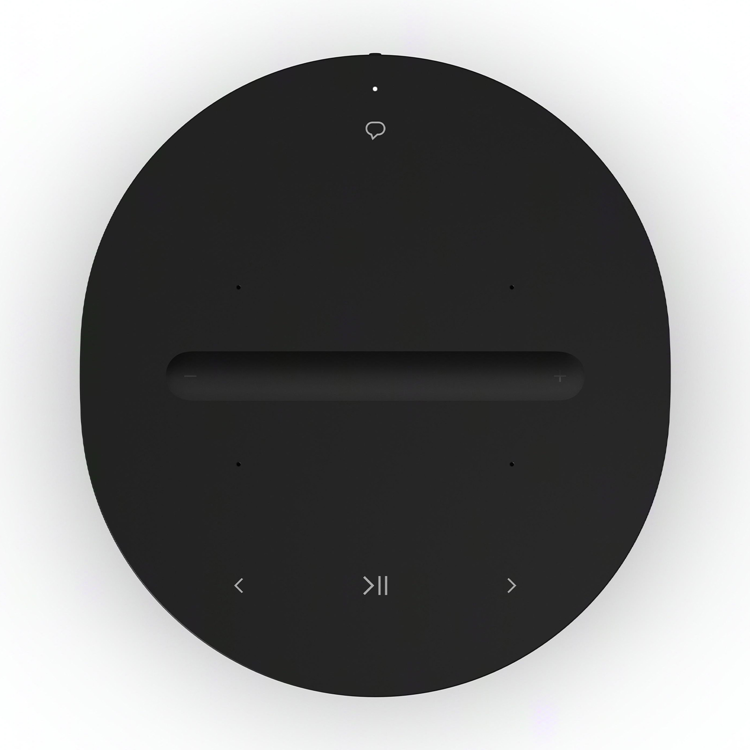 Altoparlante nero e rotondo con icone. Ha una lunga barra per il volume. Sfondo bianco.