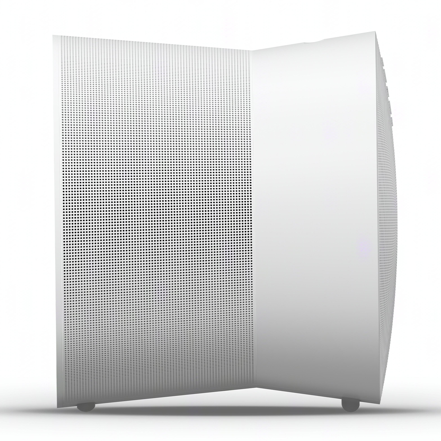 Altoparlante bianco con un lato perforato. È un design semplice e moderno.