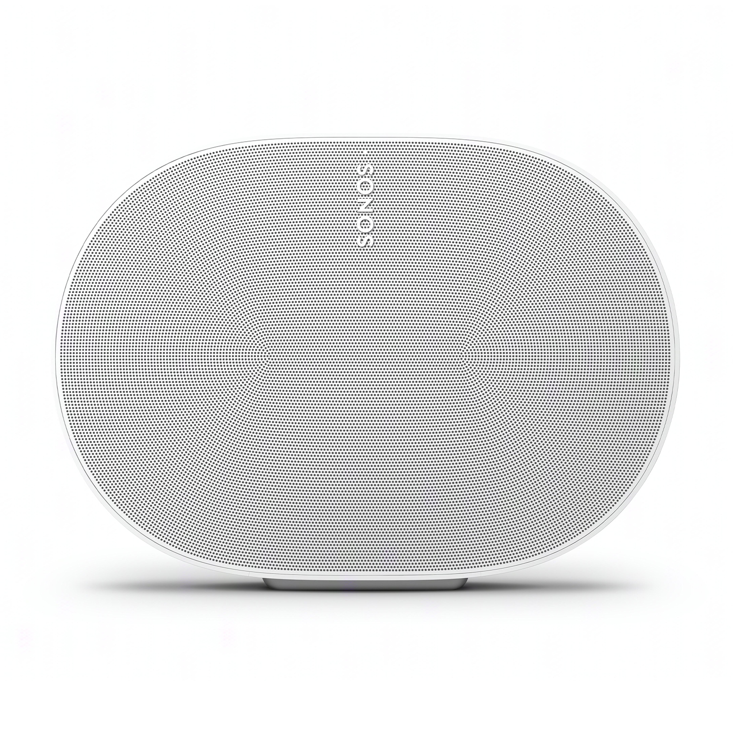Altoparlante Sonos ovale bianco con una griglia di piccoli fori, su sfondo bianco.