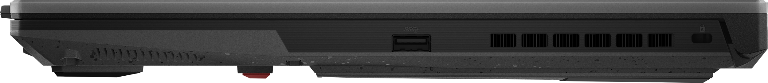 Seitenansicht eines Laptops mit Anschlüssen und Lüftungsschlitzen, mit rotem Stromanschluss.