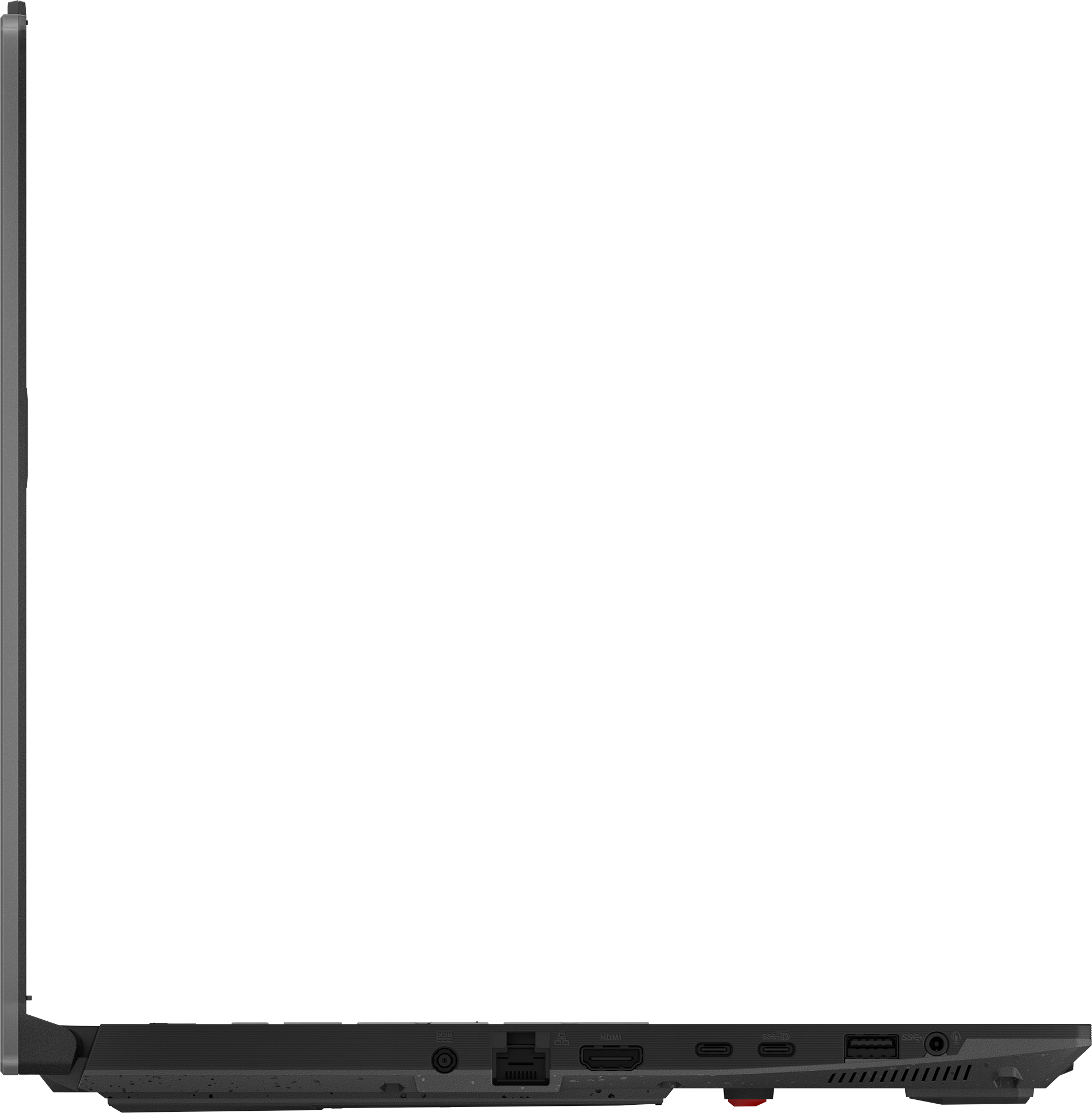 Laptop-Seitenansicht. Schwarzes Gehäuse. Anschlüsse sichtbar. Schwarzer Hintergrund.
