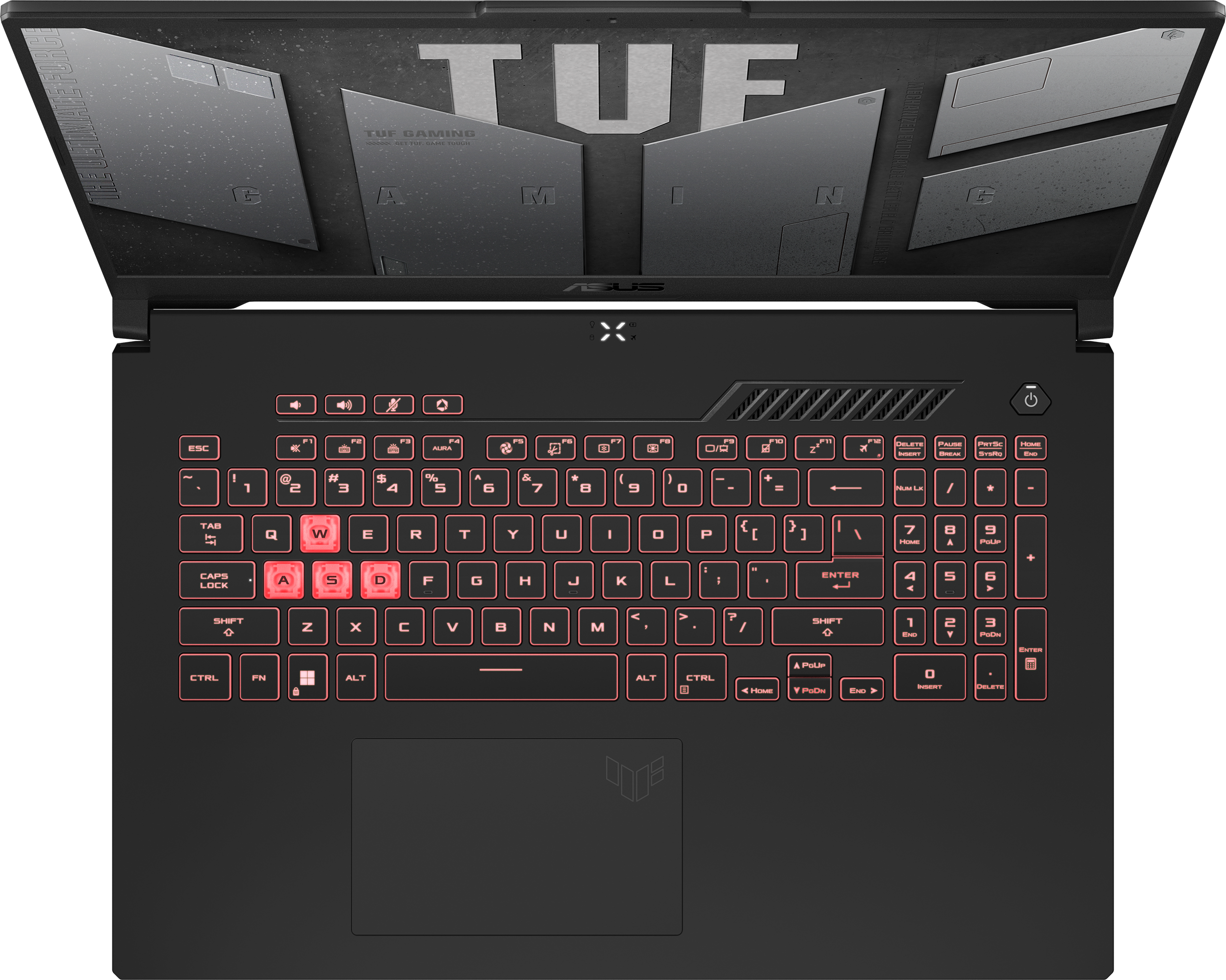 Laptop-Tastatur mit roten und weißen Tasten. Sie ist schwarz, mit Draufsicht.