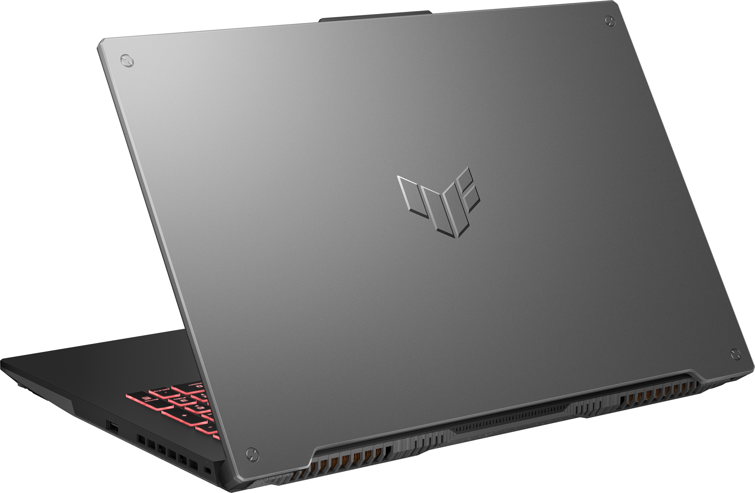 Die Rückseite eines grauen Asus TUF Laptops mit Logo und Schrauben.