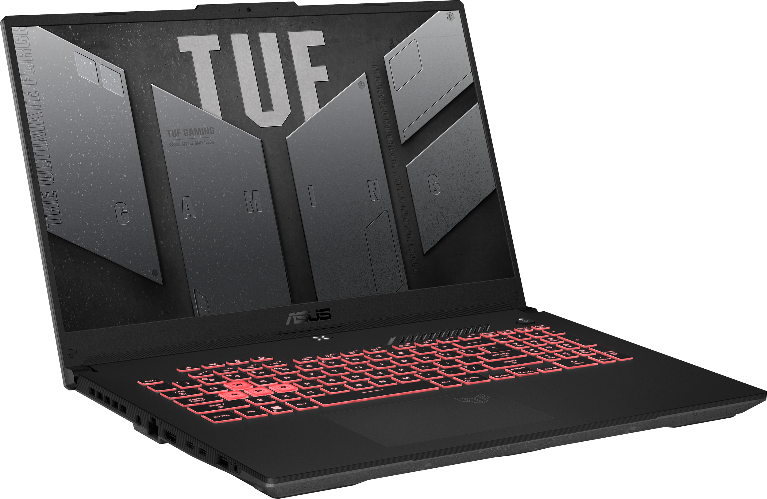 Ein schwarzer ASUS TUF Gaming-Laptop mit roter Hintergrundbeleuchtung und schwarzem Hintergrund.