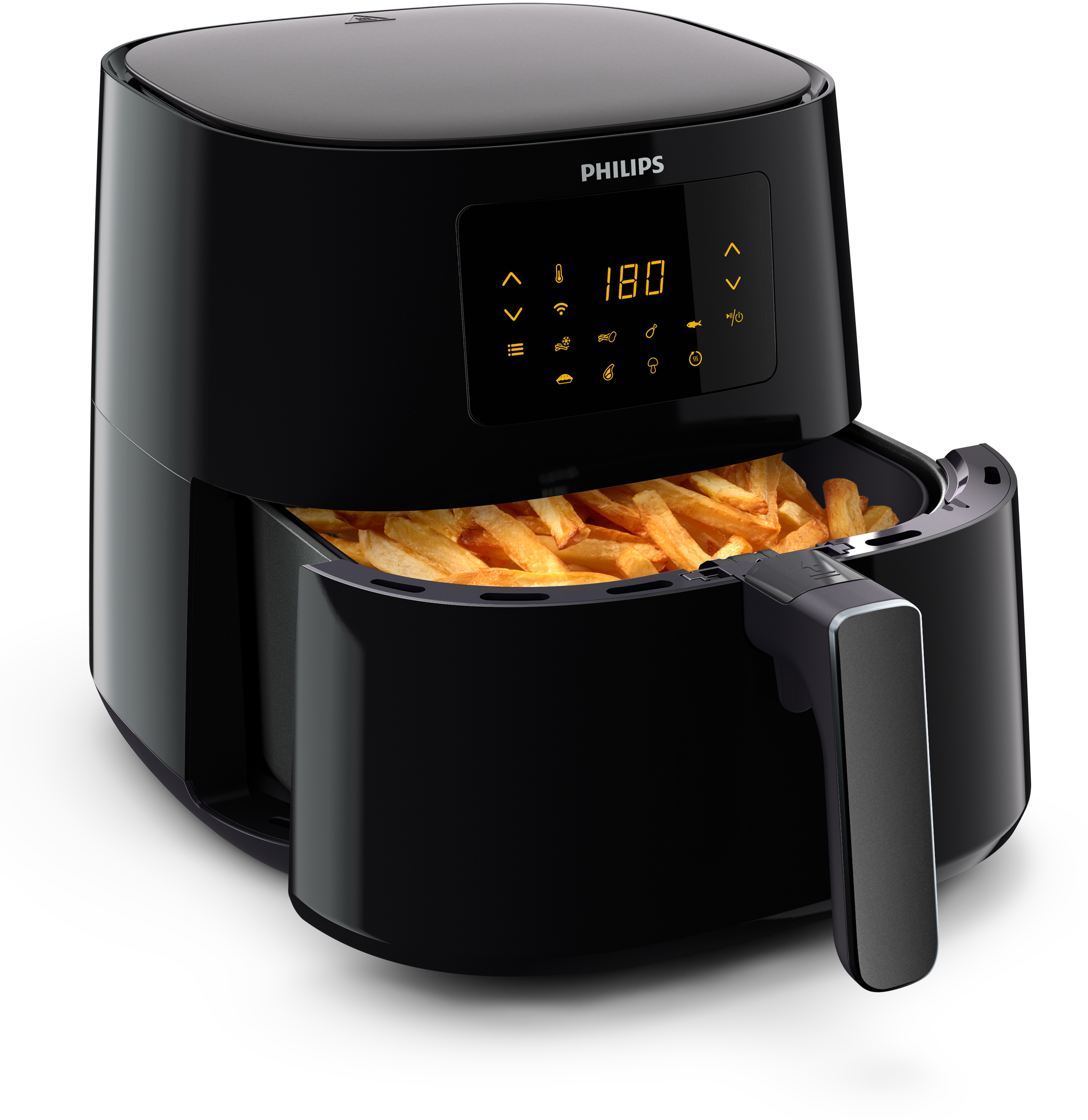 Egy fekete Philips légkeveréses fritőz arany sült krumplival. A kijelző 180 fokot mutat. Fekete háttér.