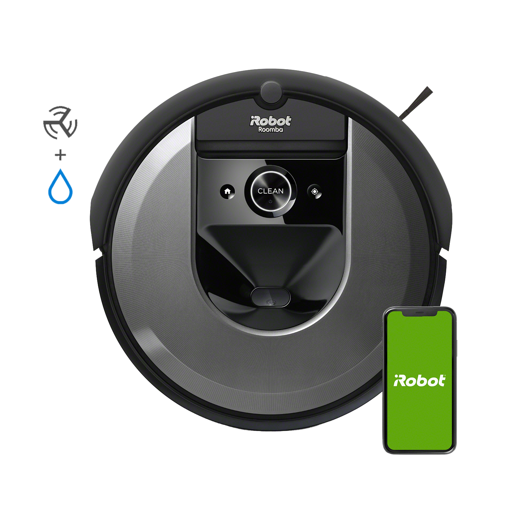 Aspiradora Robot Roomba, negra y gris, con iconos y un teléfono móvil mostrando la aplicación.