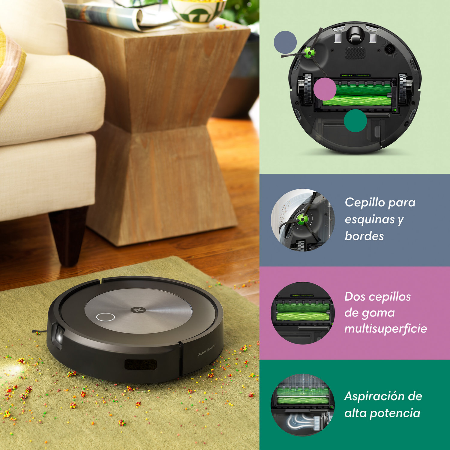 Una aspiradora robot negra está sobre una alfombra verde. Detalles de cepillos a la derecha.