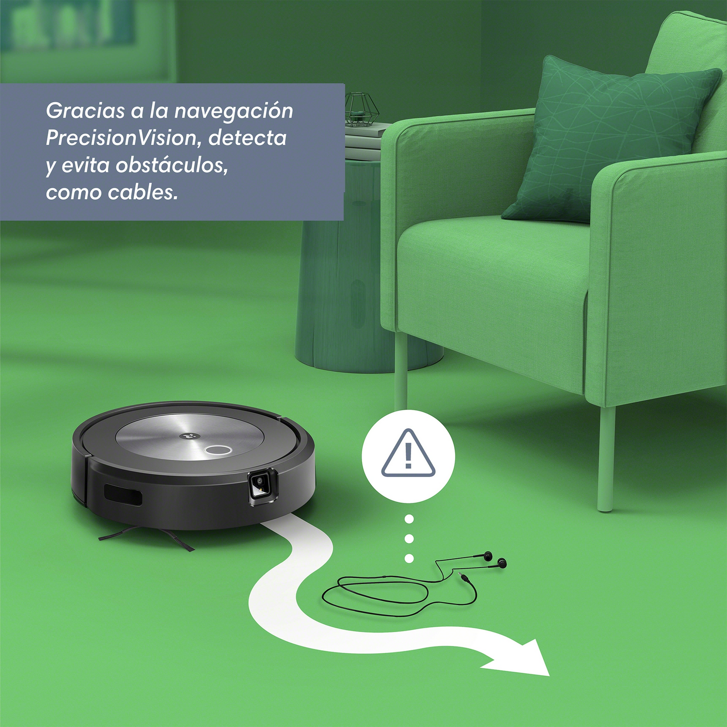 Aspiradora robot en un suelo verde, evitando obstáculos. El texto indica PrecisionVision.