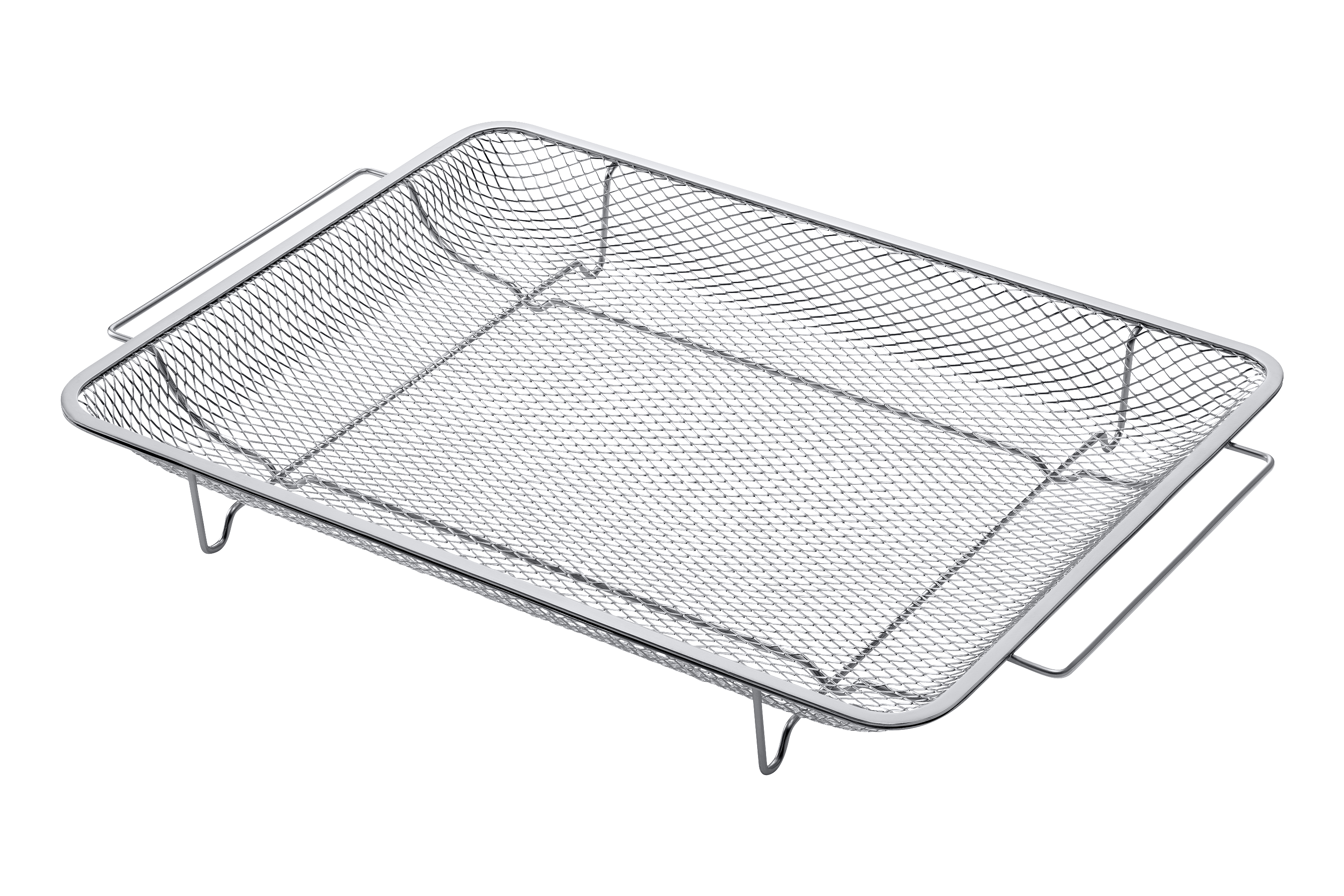 Ein Metallgitter-Frittierkorb auf weißem Hintergrund, mit Griffen.