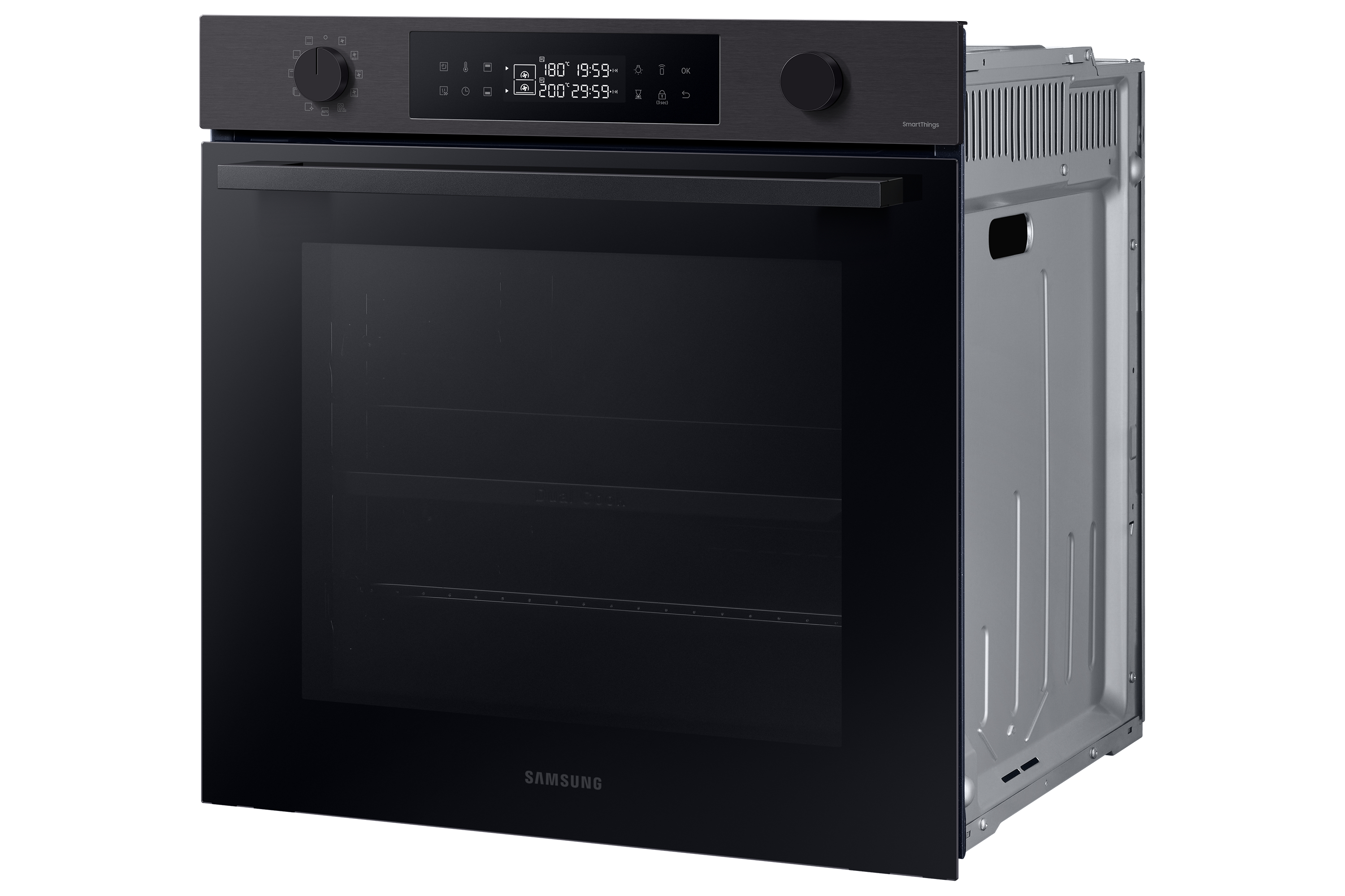 Ein schwarzer Einbaubackofen mit schwarzer Glastür und digitaler Anzeige oben.
