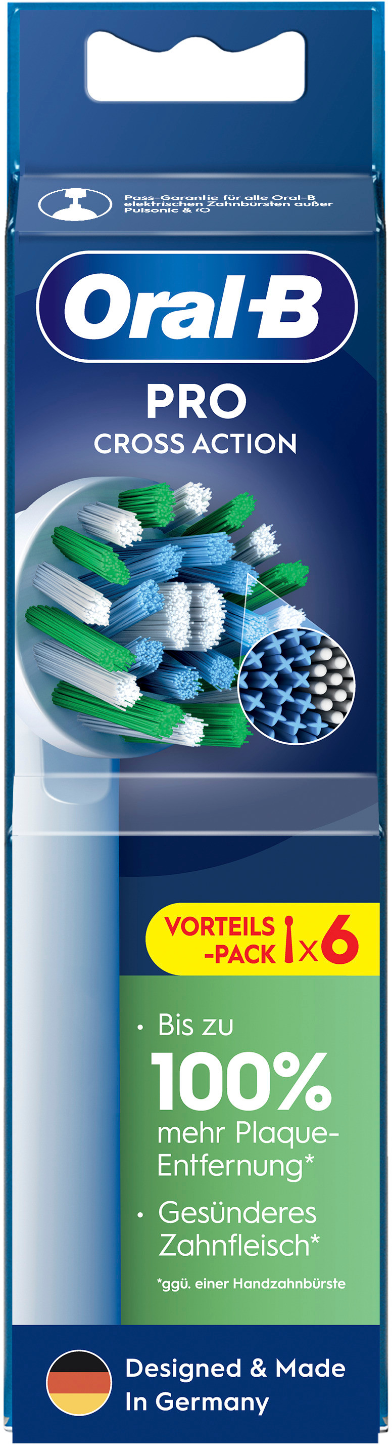 Oral-B Pro Cross Action Zahnbürstenköpfe in Verpackung. Blaue, grüne und weiße Borsten.
