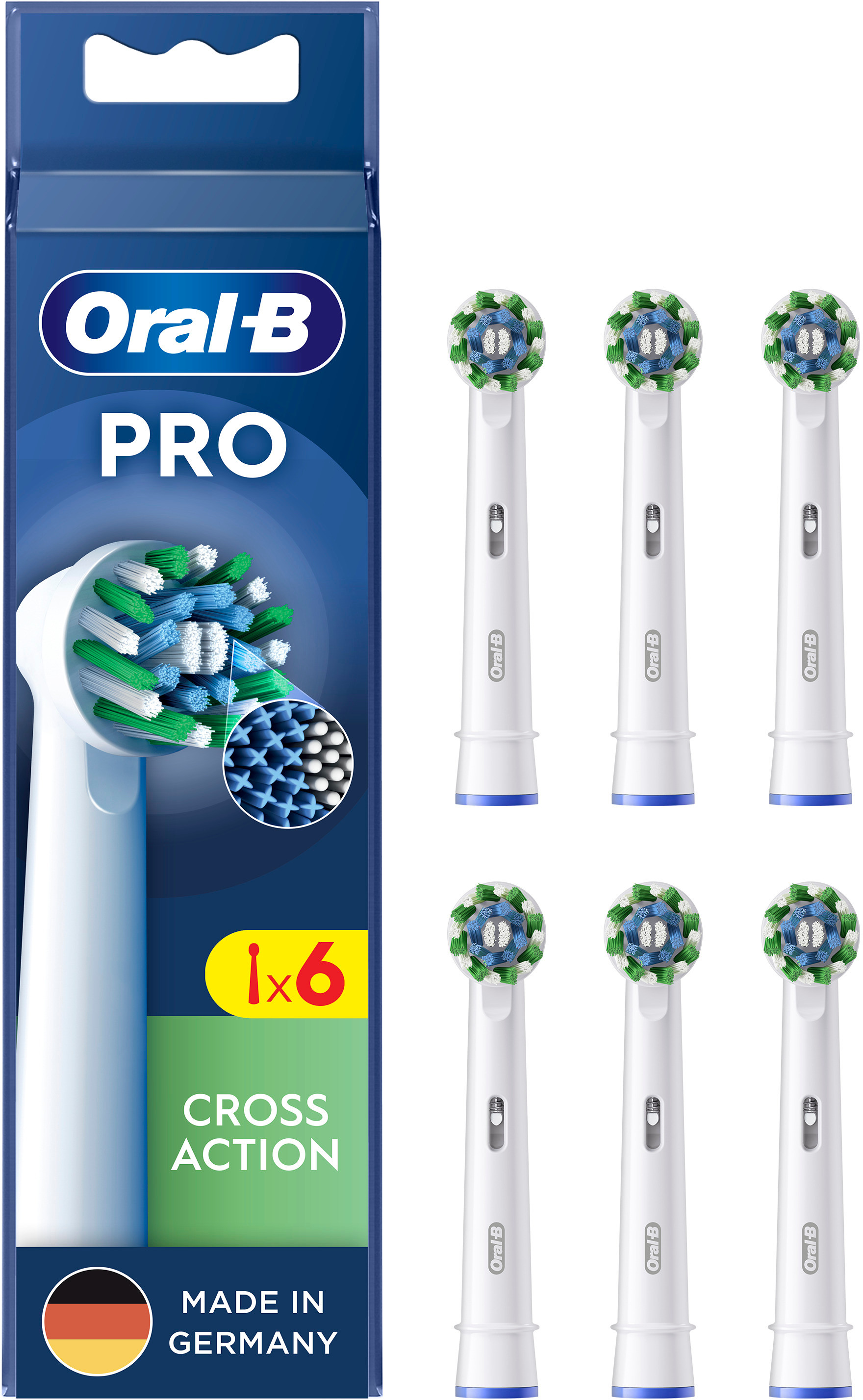 Zahnbürstenköpfe, Marke Oral-B. Sechs Köpfe in einer Box. Grüne und blaue Borsten. Hergestellt in Deutschland.