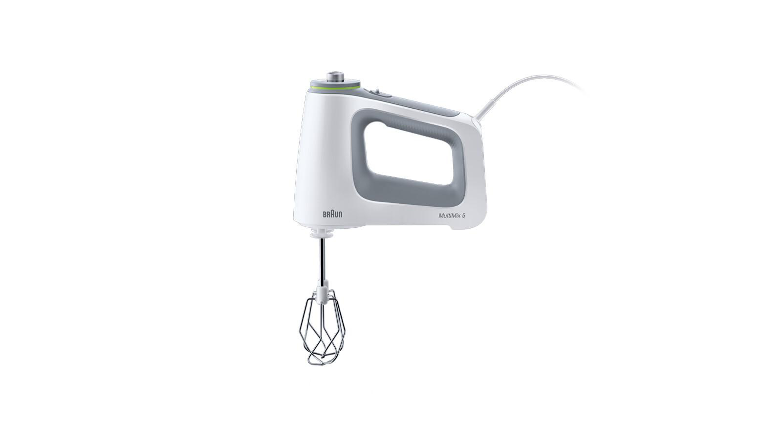 Ein weißer Braun MultiMix 5 Handmixer mit grauem Griff und Schneebesenaufsatz.