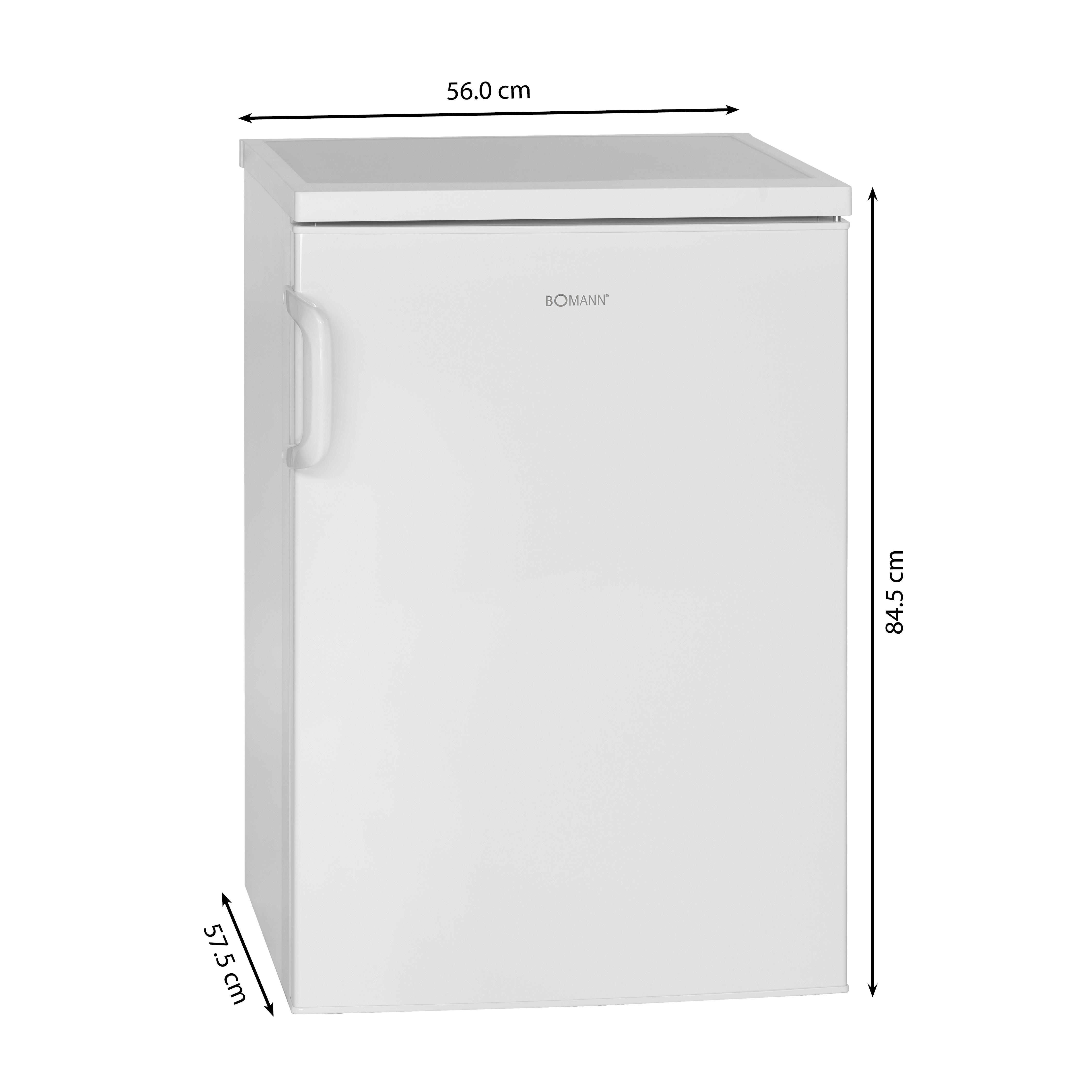 Weißer Kühlschrank mit offenem Griff links. Maße sind an den Seiten.