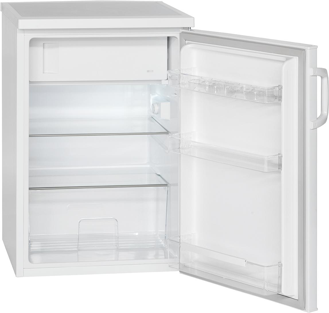 Ein weißer Kühlschrank mit offener Tür, der die Innenregale und Fächer zeigt.