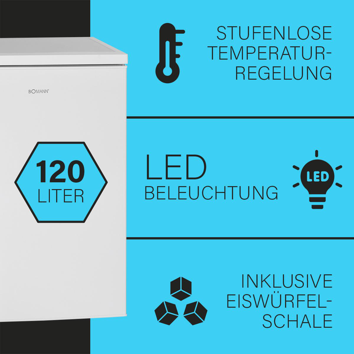 Weißer Kühlschrank mit Text zu Eigenschaften wie 120L Fassungsvermögen, LED-Beleuchtung und Eiswürfelschale.