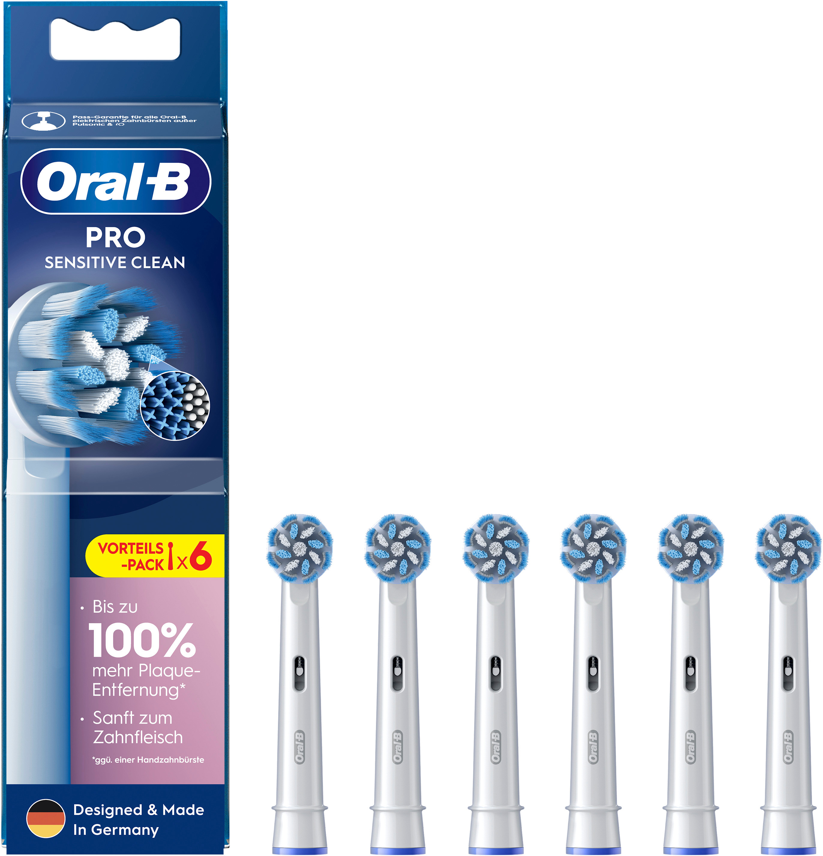 Packung mit Oral-B Pro Sensitive Clean Zahnbürstenköpfen. Sechs Ersatzköpfe sind sichtbar.