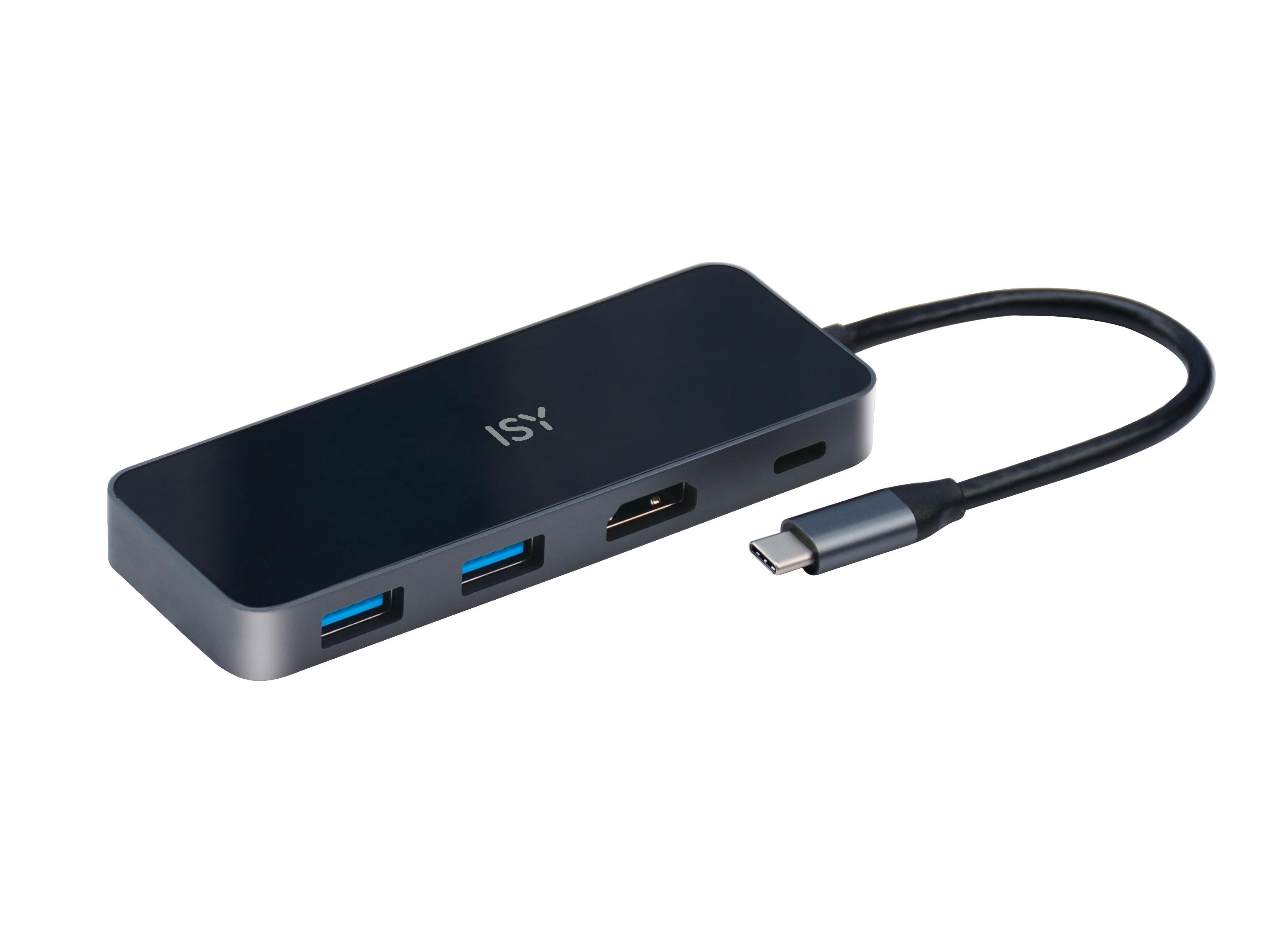 Schwarzer USB-C-Hub mit USB-Anschlüssen, HDMI-Anschluss und angeschlossenem schwarzen Kabel.