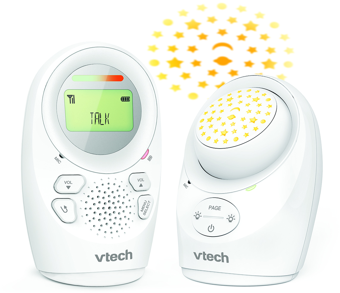 Egy fehér Vtech bébiőr két részből áll. Az egyik beszélgetést jelenít meg, a másik csillagokat vetít.