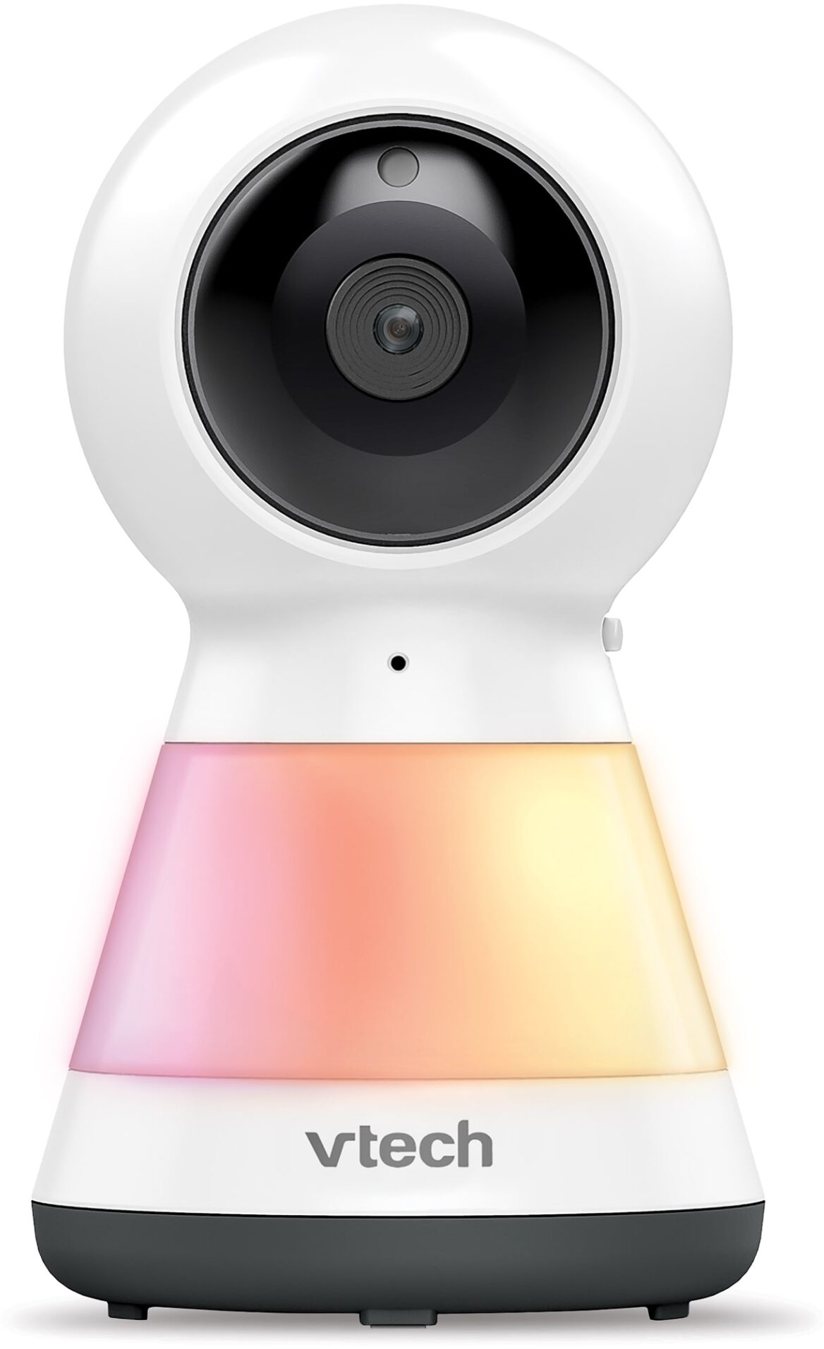Fehér Vtech bébiőrző. Színes fényalap. Fekete kamera lencse.