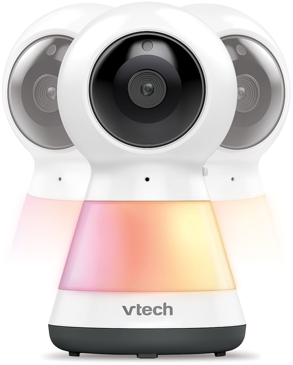 Három fehér VTech bébimonitor színes, világító alappal.